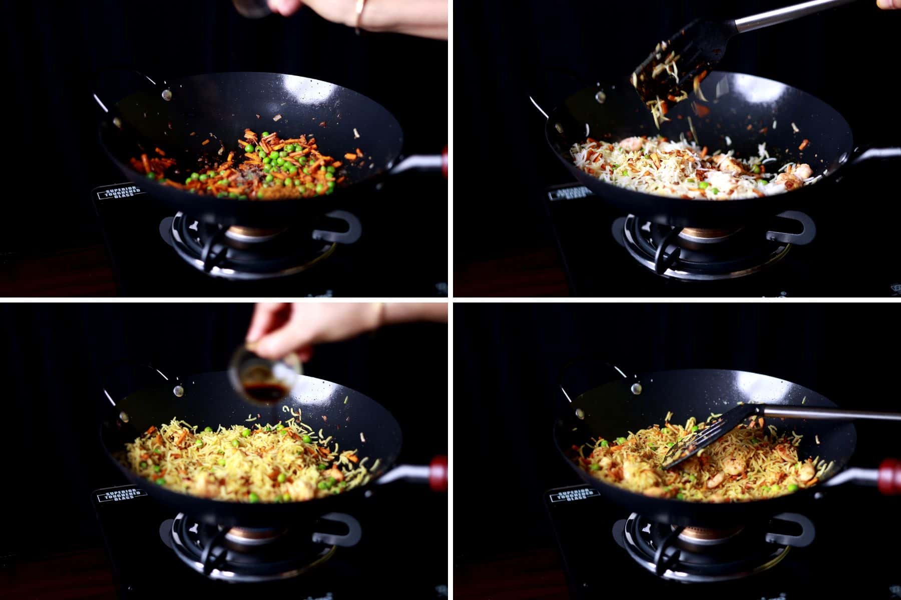 Step-by-step collage showing adding curry seasoning, combining rice with shrimp and vegetables, and garnishing with green onions.