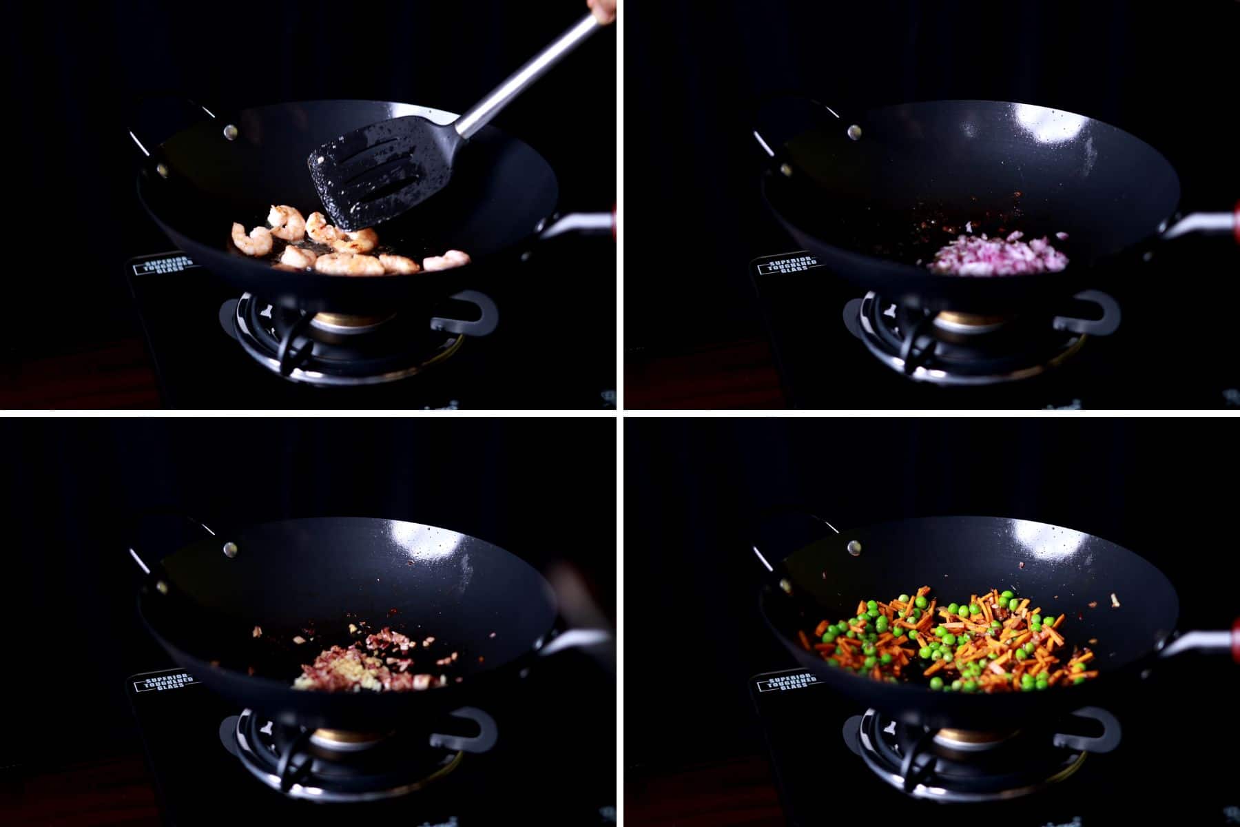 Step-by-step collage showing cooking shrimp, sautéing aromatics, and stir-frying vegetables for curry fried rice.