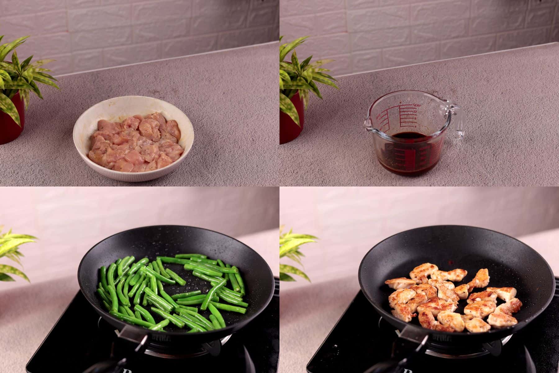 Collage showing steps 1–4: marinating chicken, mixing sauce, cooking green beans, and searing chicken.