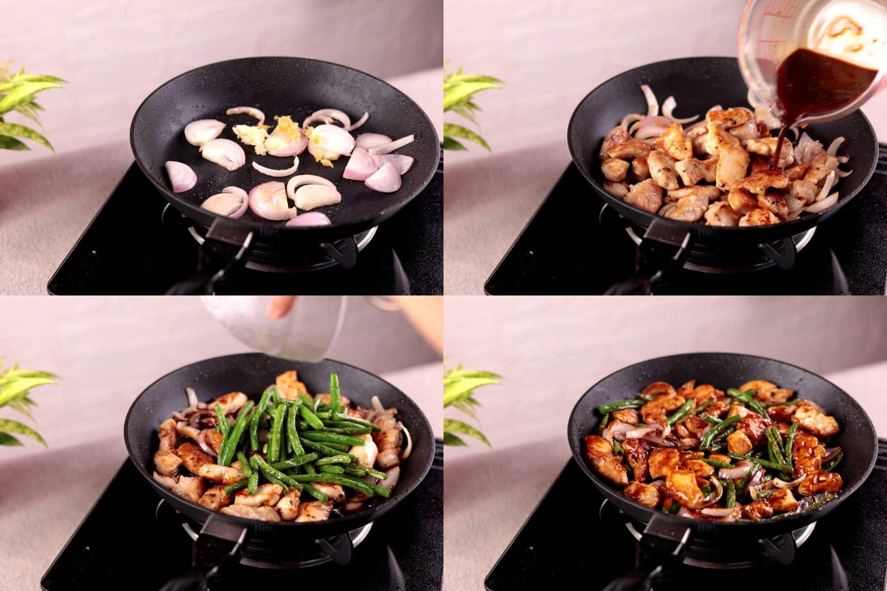 Collage of step 5–6: sautéing aromatics, adding chicken, sauce, and green beans, and stir frying everything together.

