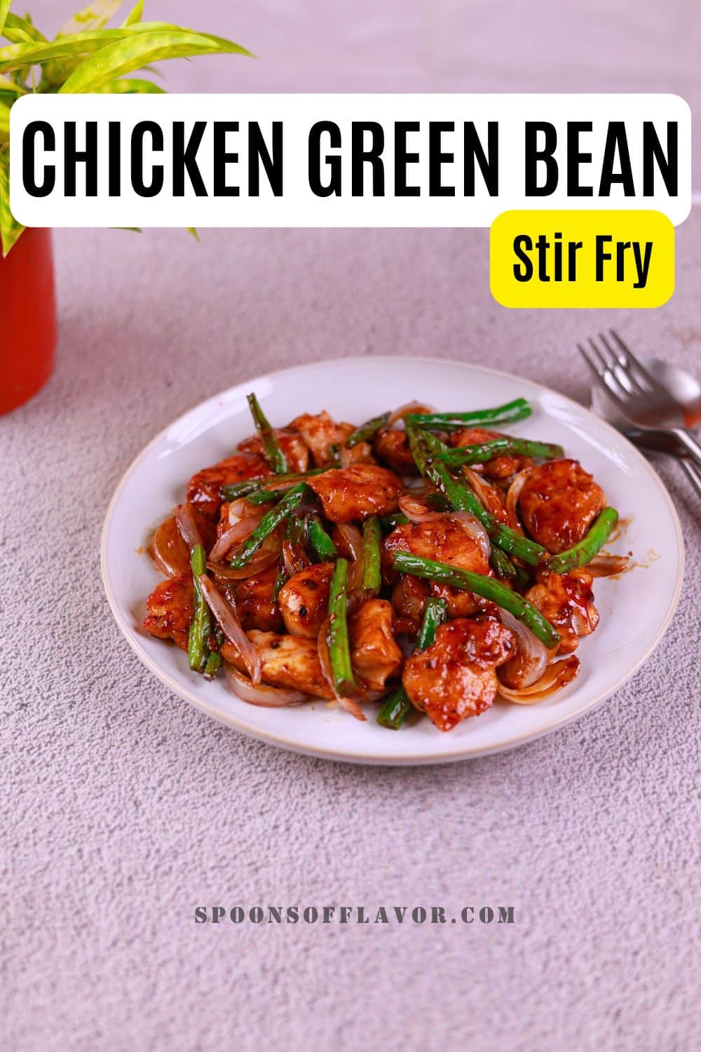 Pinterest image of Easy Chicken and Green Bean Stir Fry with close-up and text overlay for pinning.