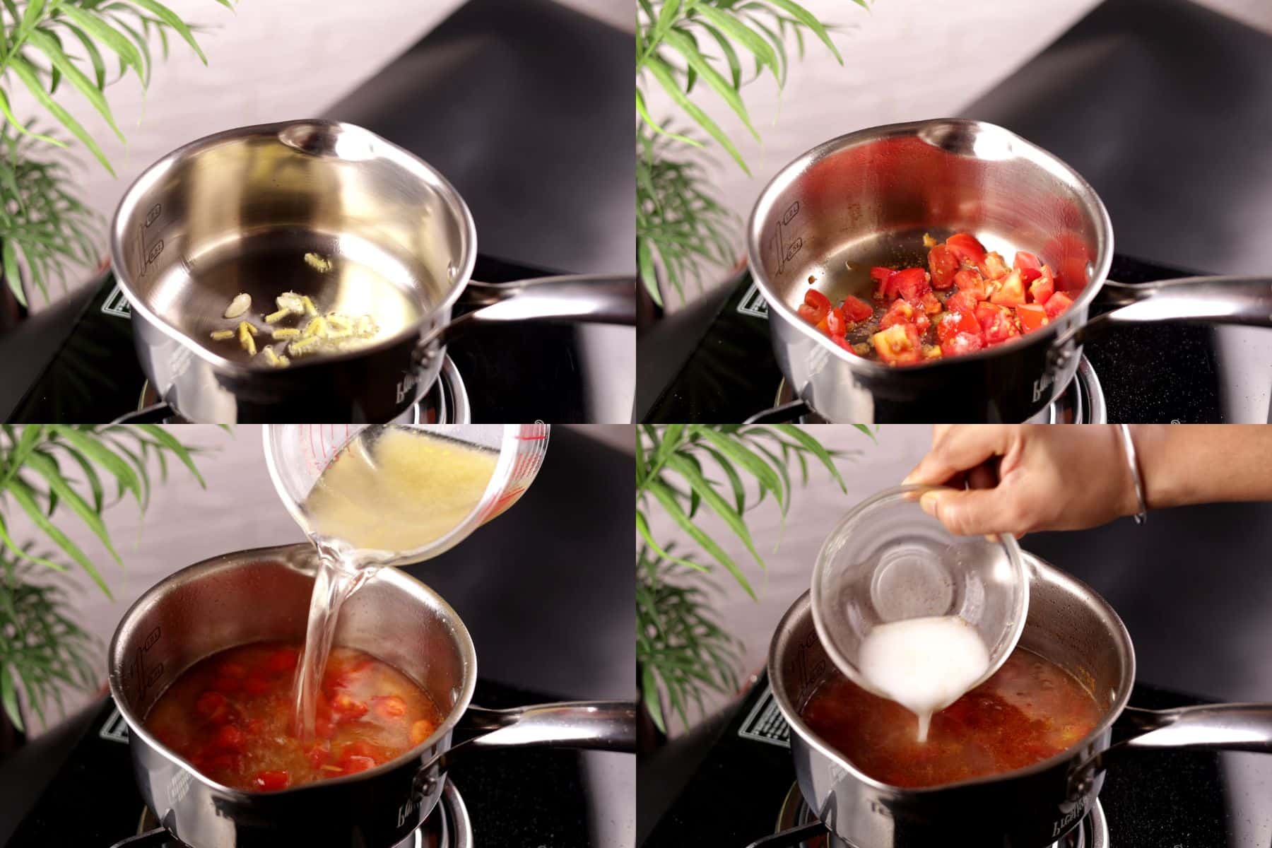 Step 1 to 4 of making tomato egg drop soup: sizzling ginger and garlic, sautéing tomatoes, adding chicken stock, and pouring in cornstarch slurry.