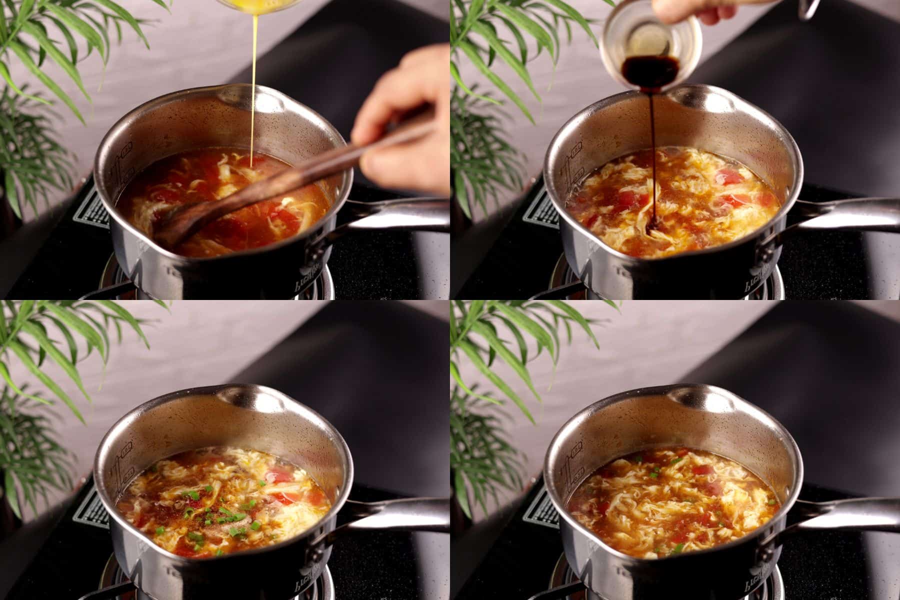 Step 5 to 8 of making tomato egg drop soup: pouring in the egg to create ribbons, adding soy sauce and seasoning, stirring in green onions, and turning off the heat.