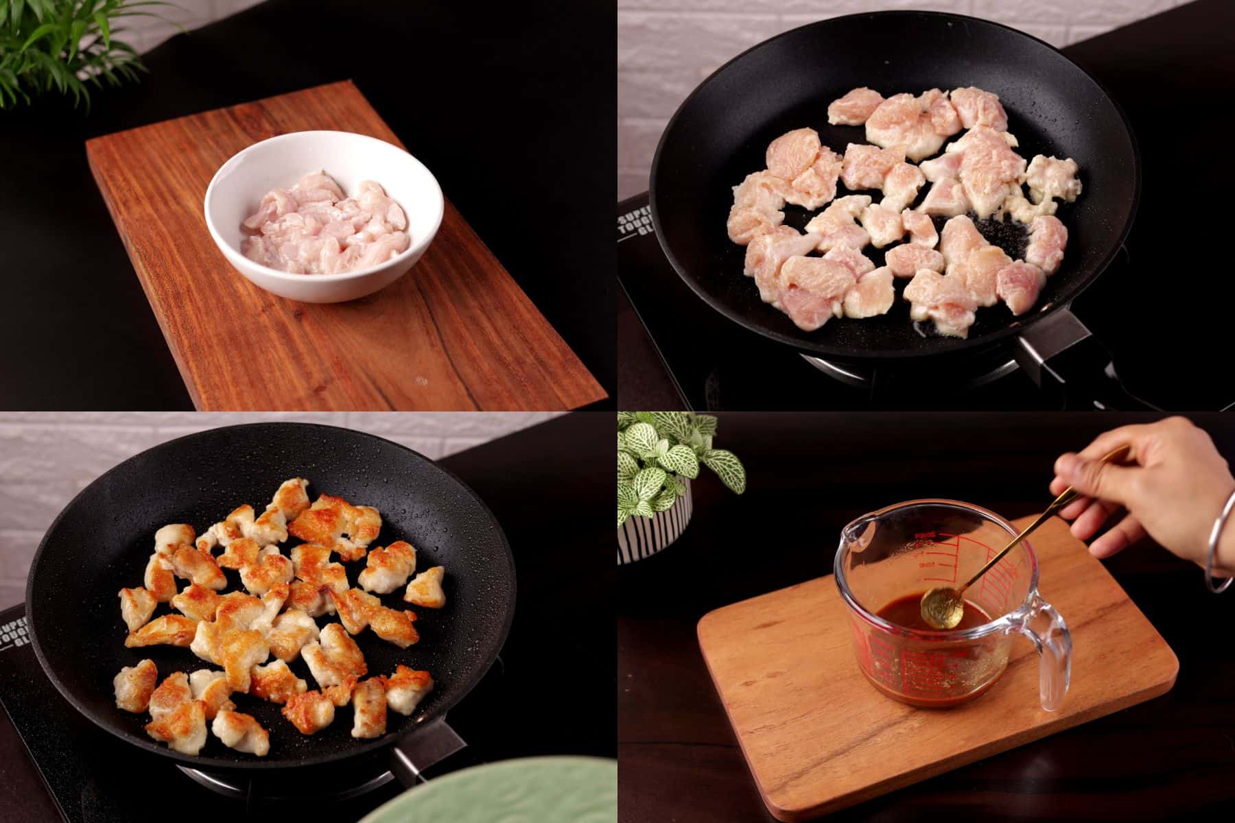 Step-by-step collage showing marinating chicken, pan searing, and mixing garlic sauce for Chinese garlic chicken.