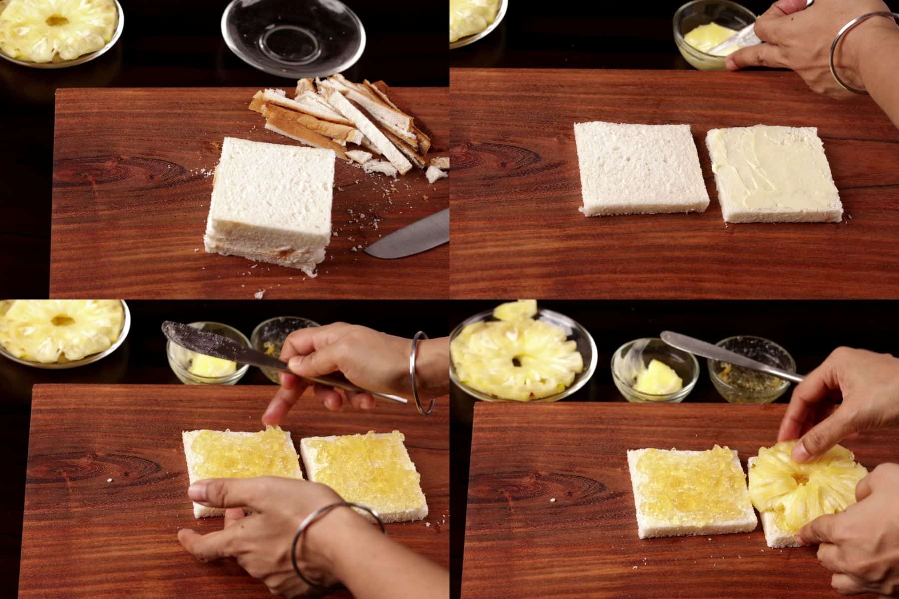 Step-by-step preparation of Quick Pineapple Sandwich: trimming crusts, spreading butter, adding pineapple jam, and placing pineapple rings.