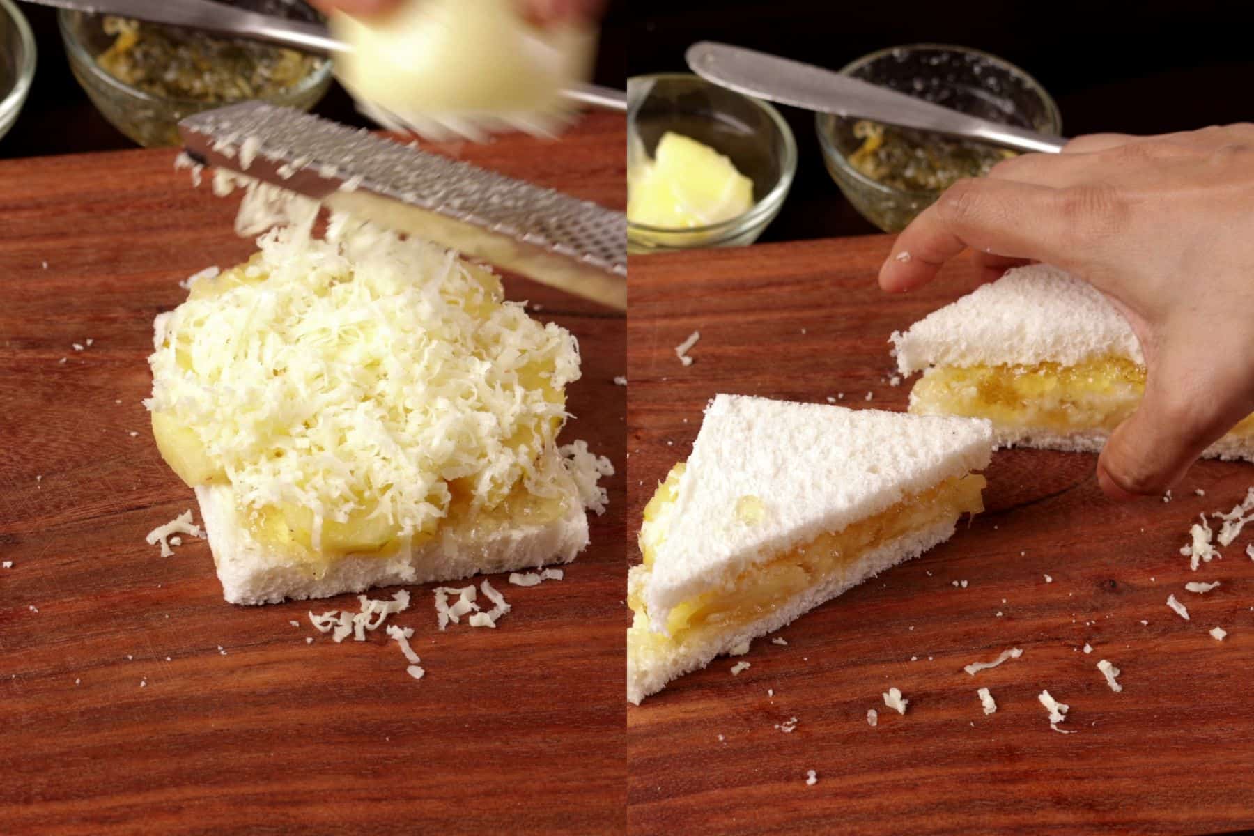 Completing the Quick Pineapple Sandwich: covering pineapple and cheese then slicing ready-to-serve sandwiches.