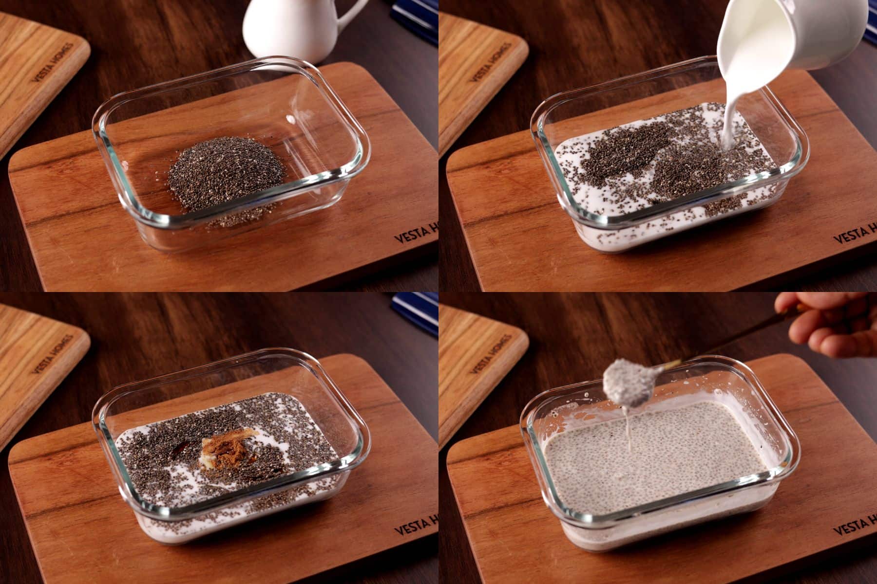 4 images collage showing making coconut chia seed pudding: mixing ingredients, letting the mixture thicken, and refrigerating until set.