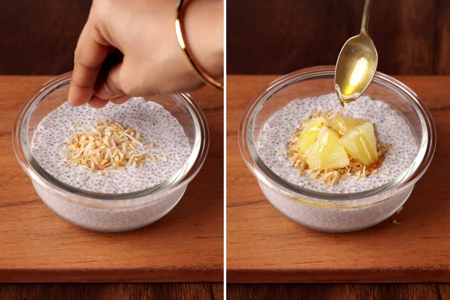 Two images collage showing serving chia pudding in a glass bowl topping with toasted coconut, pineapple chunks, and a drizzle of honey.