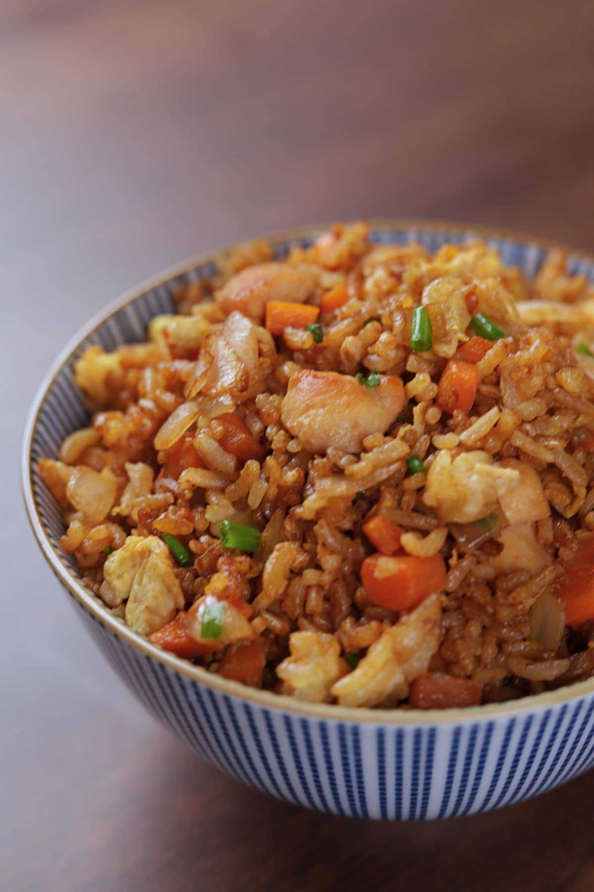 Side view of a bowl of hibachi chicken fried rice topped with green onions, showing fluffy rice and tender chicken pieces.
