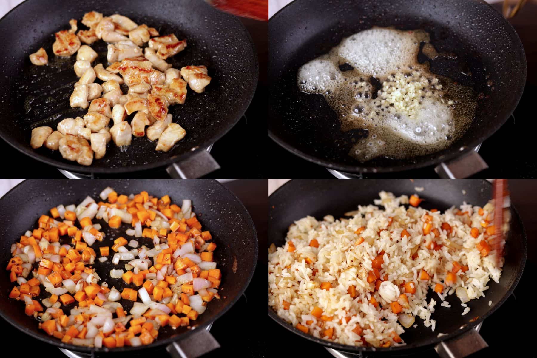 Steps 2 to 4 of hibachi chicken fried rice — cooking chicken until golden, sautéing garlic in butter, stir-frying onion and carrot, and tossing rice over high heat.