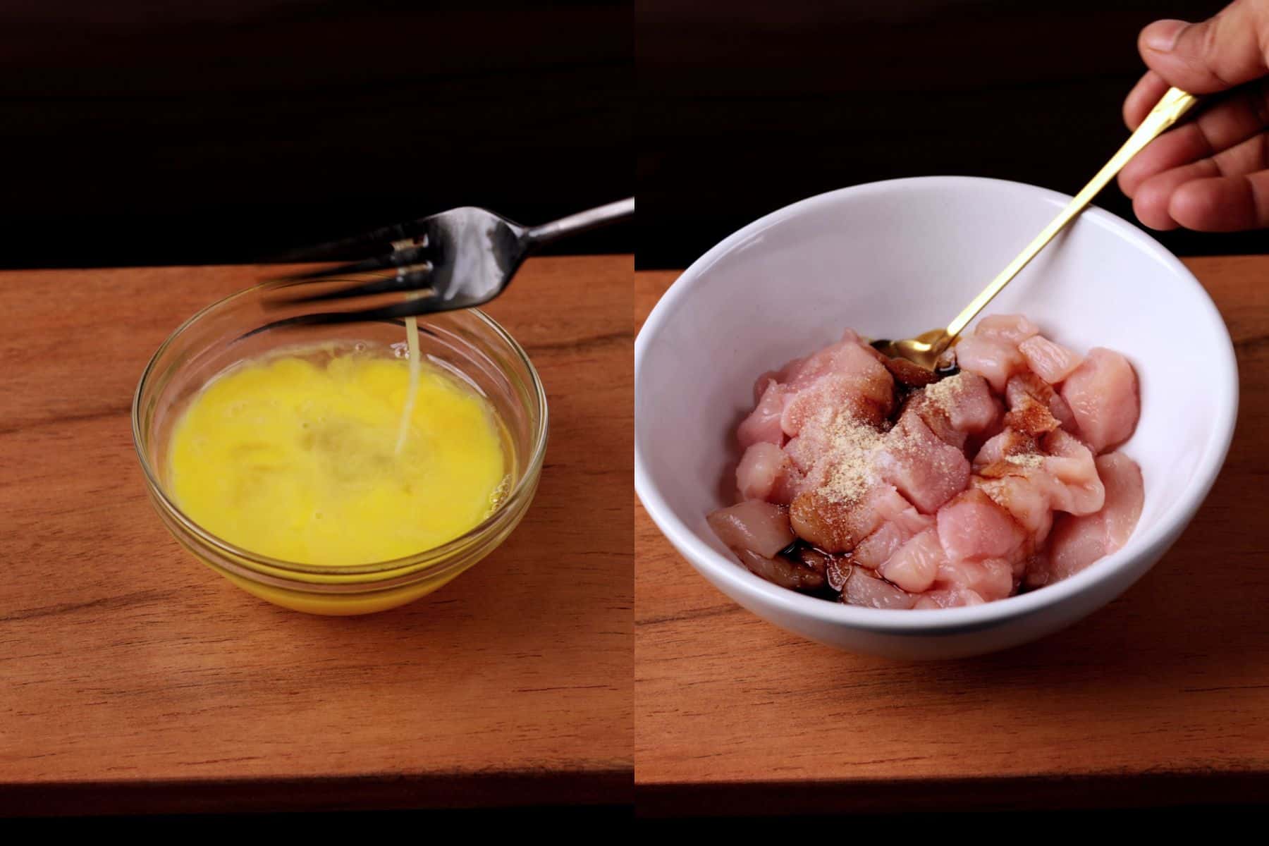 Step 1 of hibachi chicken fried rice — beating eggs and seasoning chicken with soy sauce, salt, and white pepper.