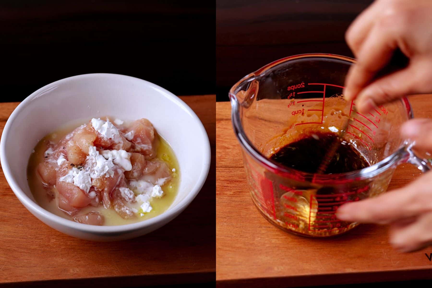 2 images collage showing smaking Kung Pao Chicken: quickly marinating the chicken pieces and preparing the Kung Pao sauce.