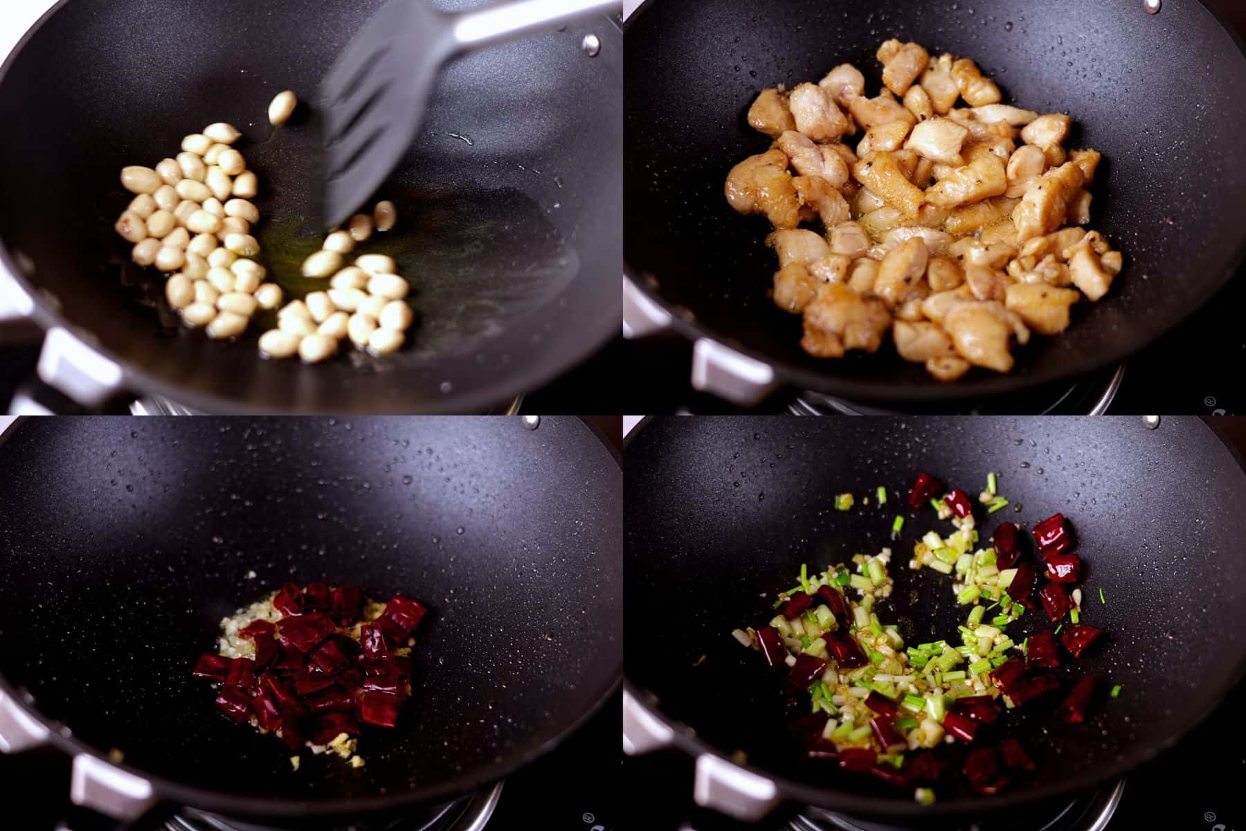 Next, toss the peanuts until golden, sear the chicken pieces to lock in juices, and stir-fry the garlic, ginger, and bell peppers until fragrant. (Shown in the collage above.)