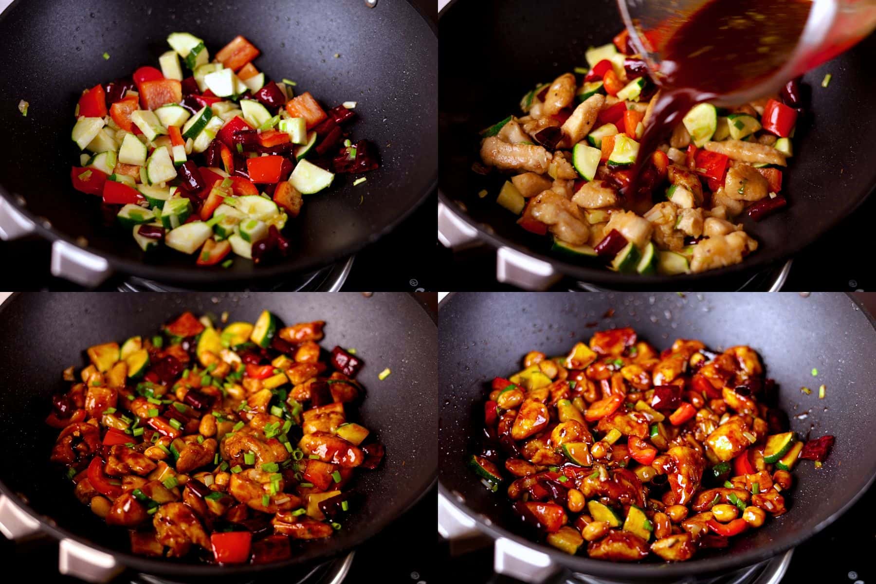 Collage showing steps 6–8 of making Kung Pao Chicken: stir-frying vegetables, adding chicken and sauce, combining everything, and finishing with peanuts and green onions.