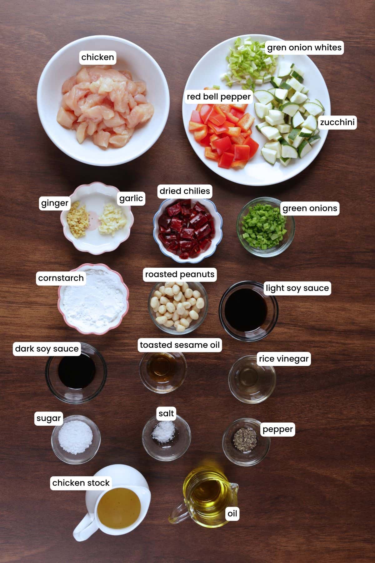 Ingredients for Kung Pao Chicken laid out in bowls: chicken, bell peppers, dried red chilies, peanuts, garlic, and sauce ingredients.