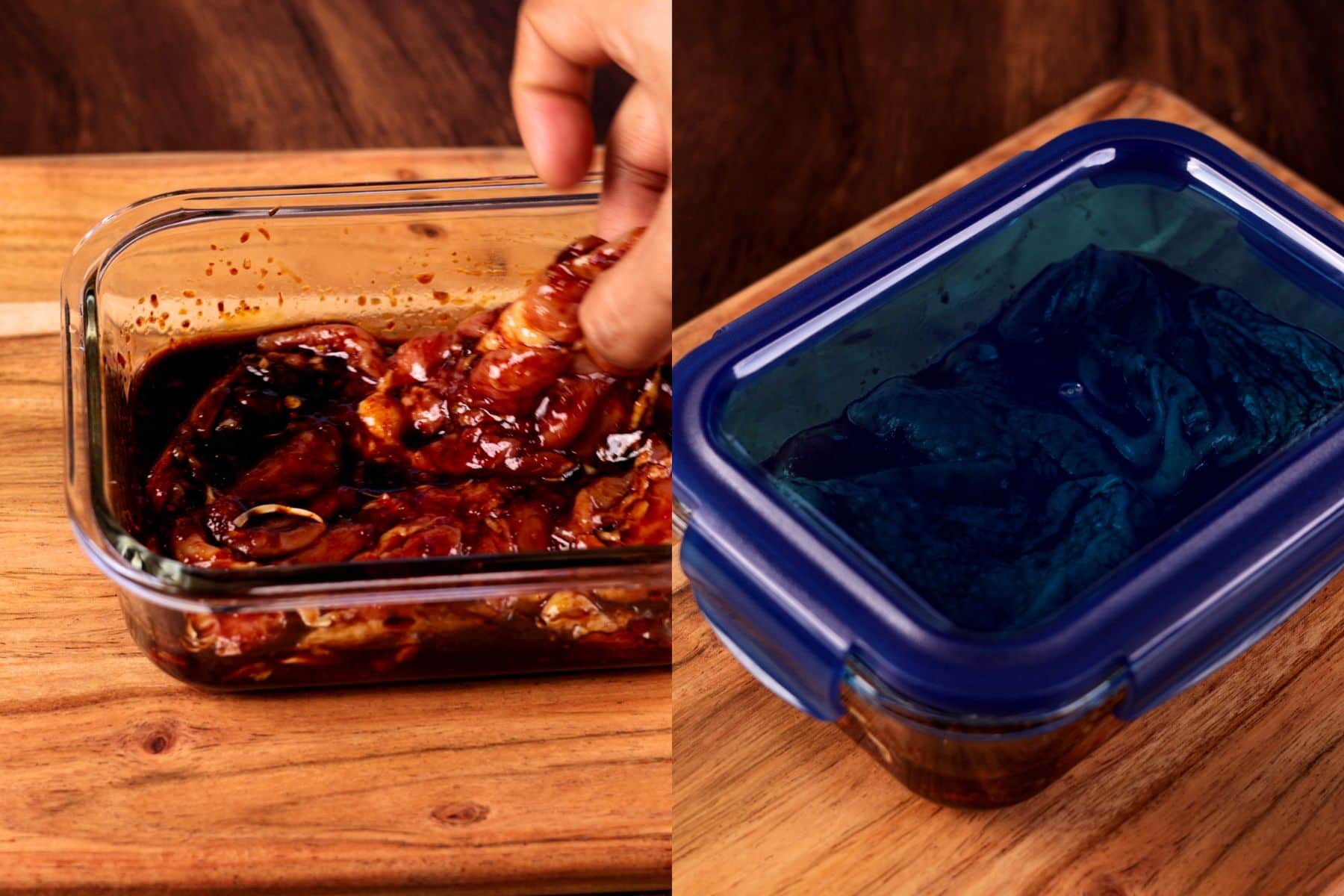 Two-step collage showing chicken being coated in a flavorful Asian marinade and placed in an airtight container for marinating.