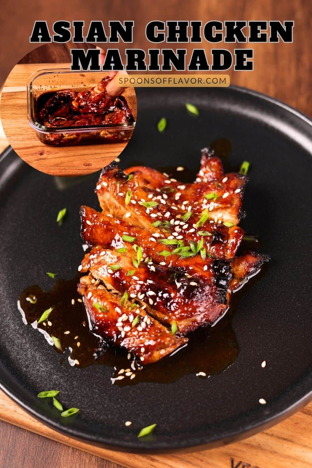 Asian marinated chicken cooked and served on a black platter.