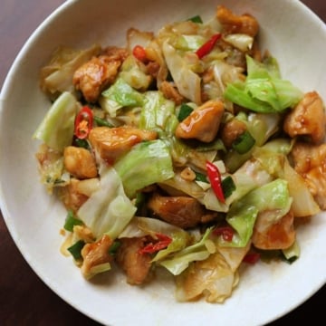 Close-up of chicken and cabbage in a delicious stir fry.