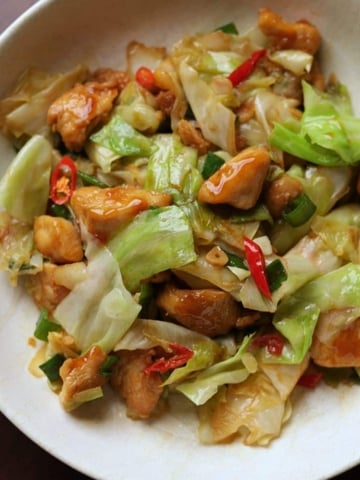 Close-up of chicken and cabbage in a delicious stir fry.