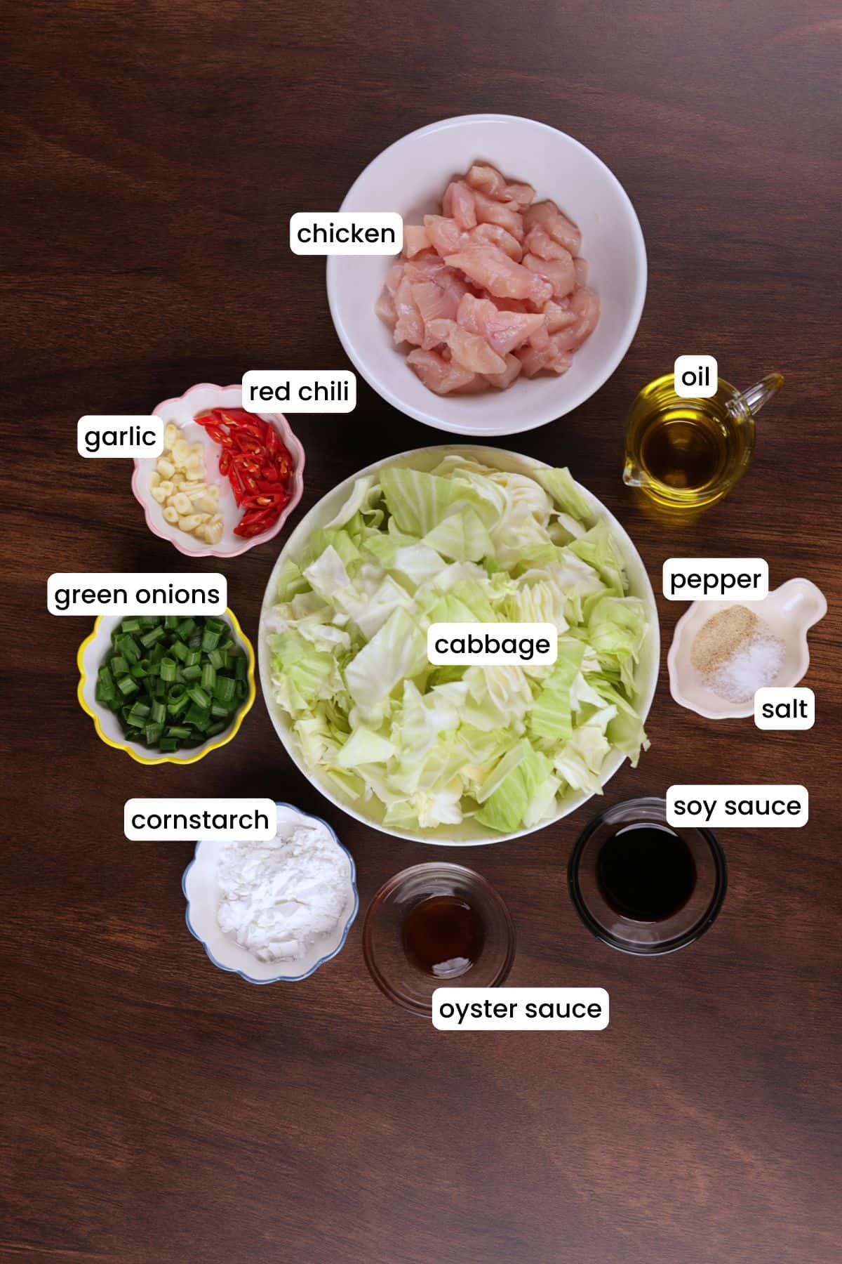 Ingredients for Chinese chicken and cabbage stir fry on a wooden background.