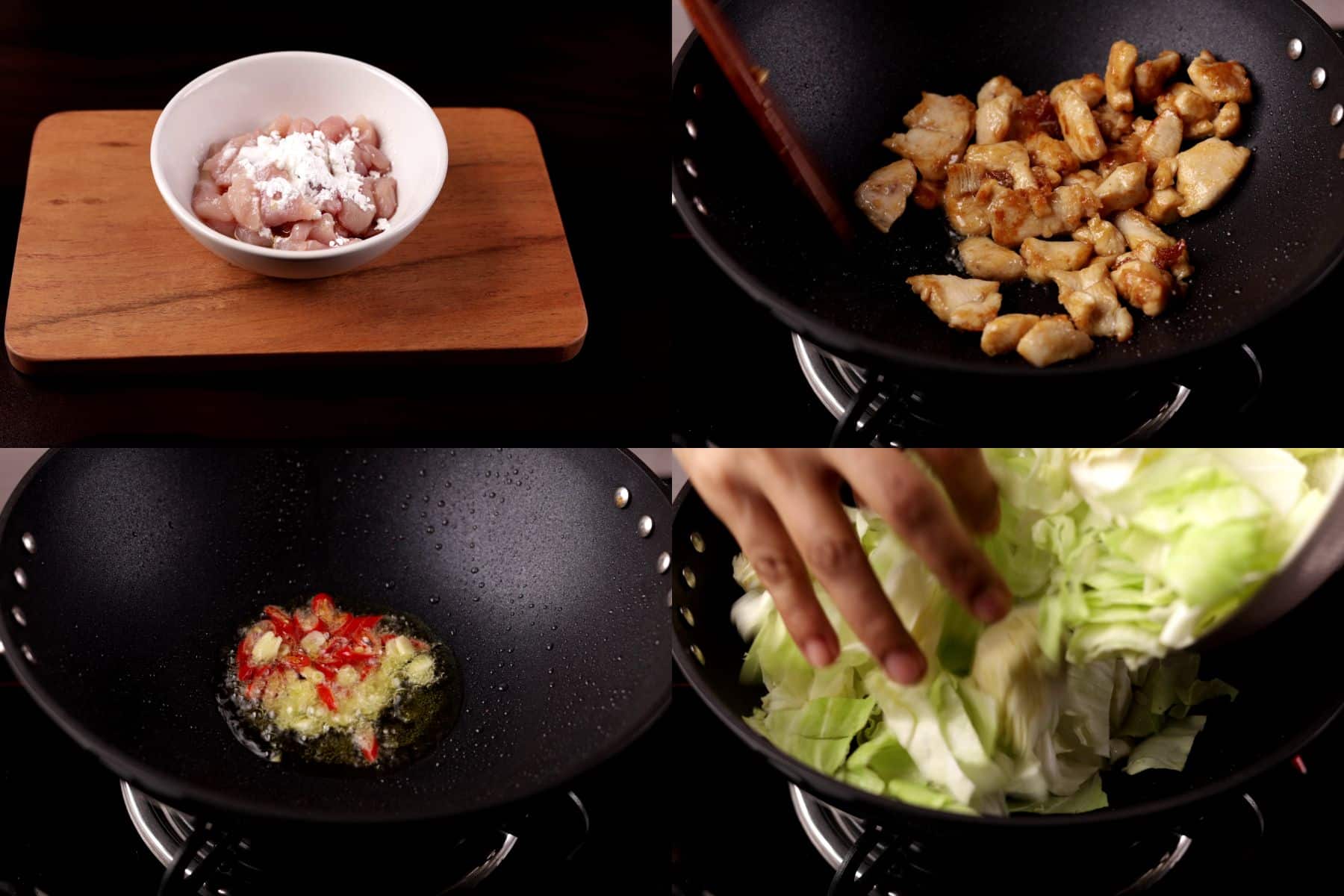 Chicken cabbage stir fry step-by-step collage: marinating chicken, cooking chicken, sizzling garlic and chili, adding cabbage.
