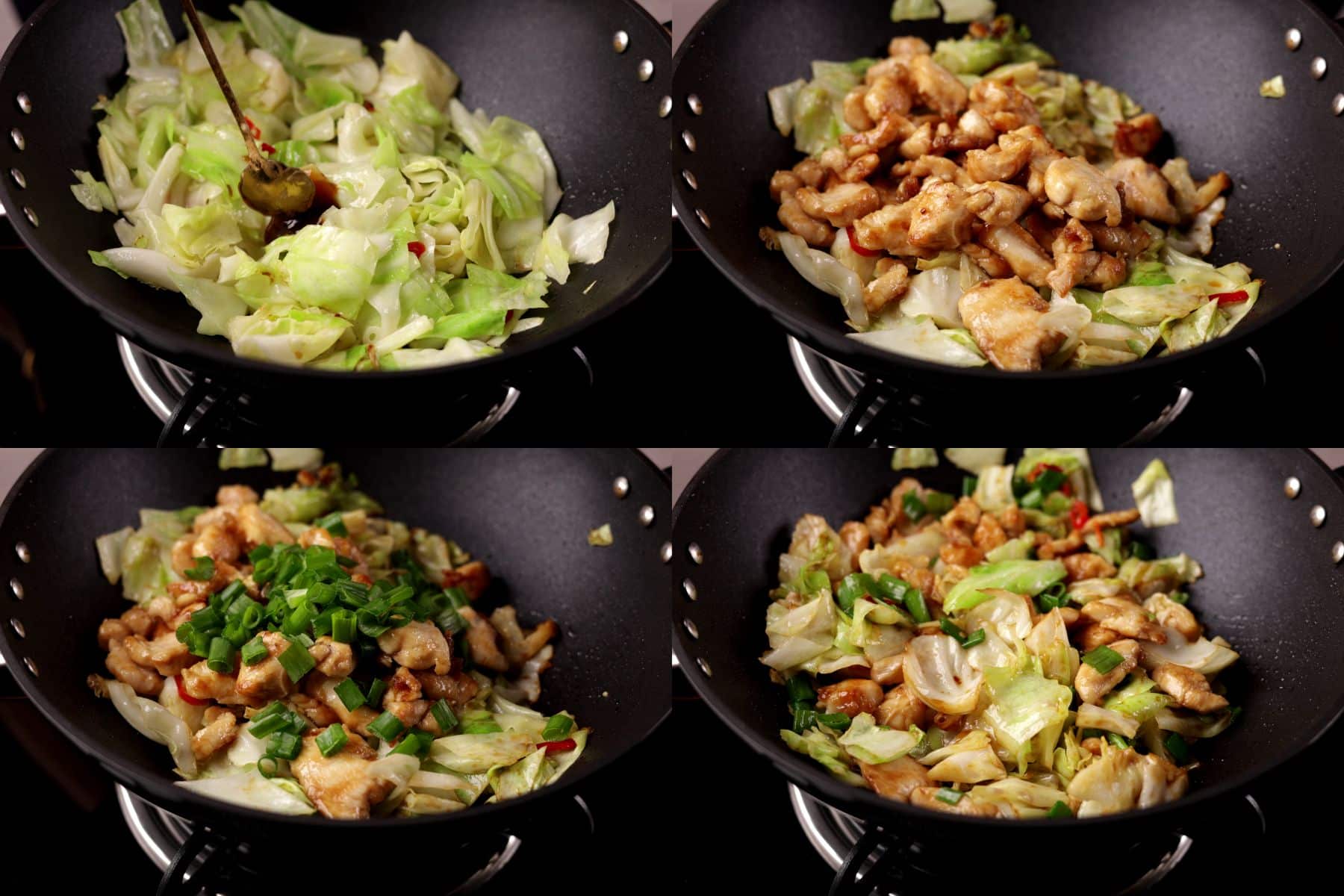Chicken cabbage stir fry step-by-step collage: adding sauces, adding cooked chicken and green onions, tossing to combine.