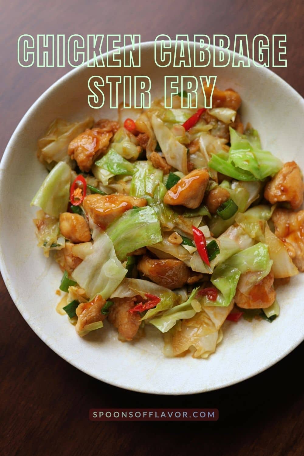 Easy and delicious chicken cabbage stir fry in a white bowl.