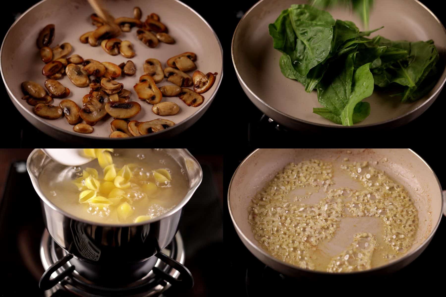 Four-step collage showing: searing mushrooms, wilting spinach, boiling pasta, and sautéing onion and garlic.