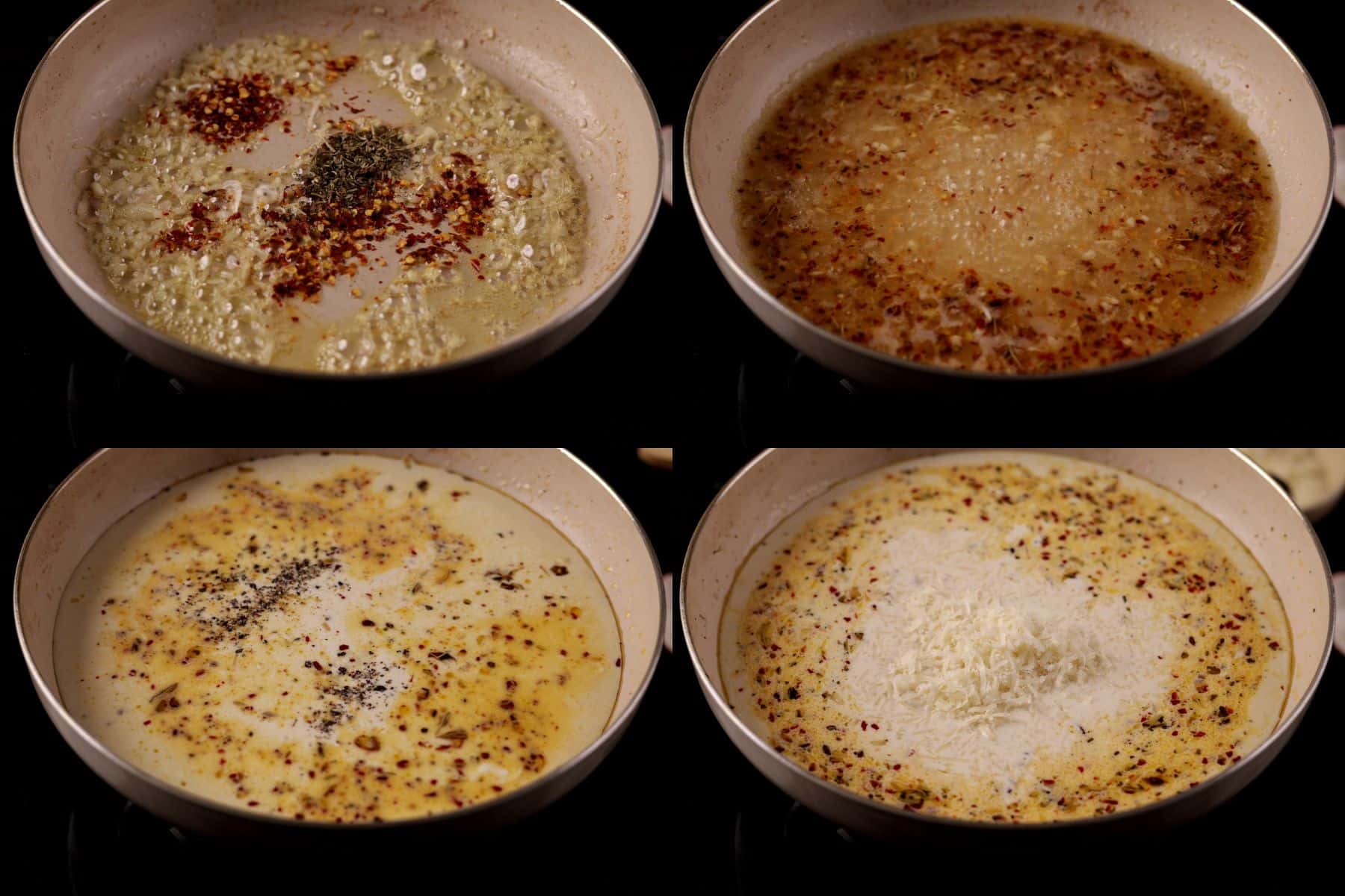 Four-step collage showing adding chili and seasoning, pouring in stock, adding cream, and stirring Parmesan.