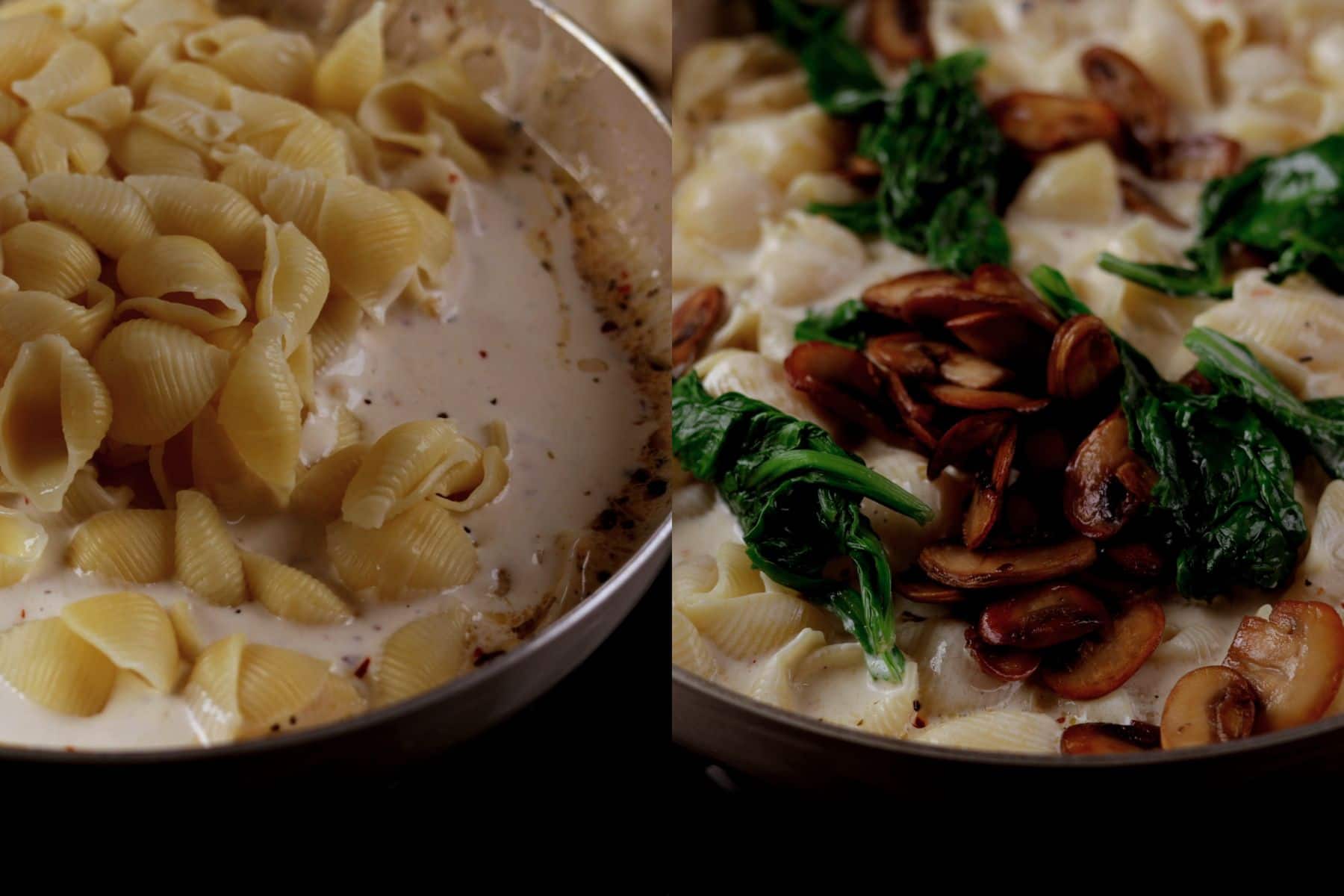 Two-step collage showing adding cooked pasta to the creamy sauce, then adding the golden mushrooms and tender spinach.