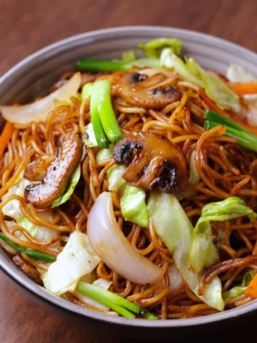 Vegetable chow mein served in a bowl.