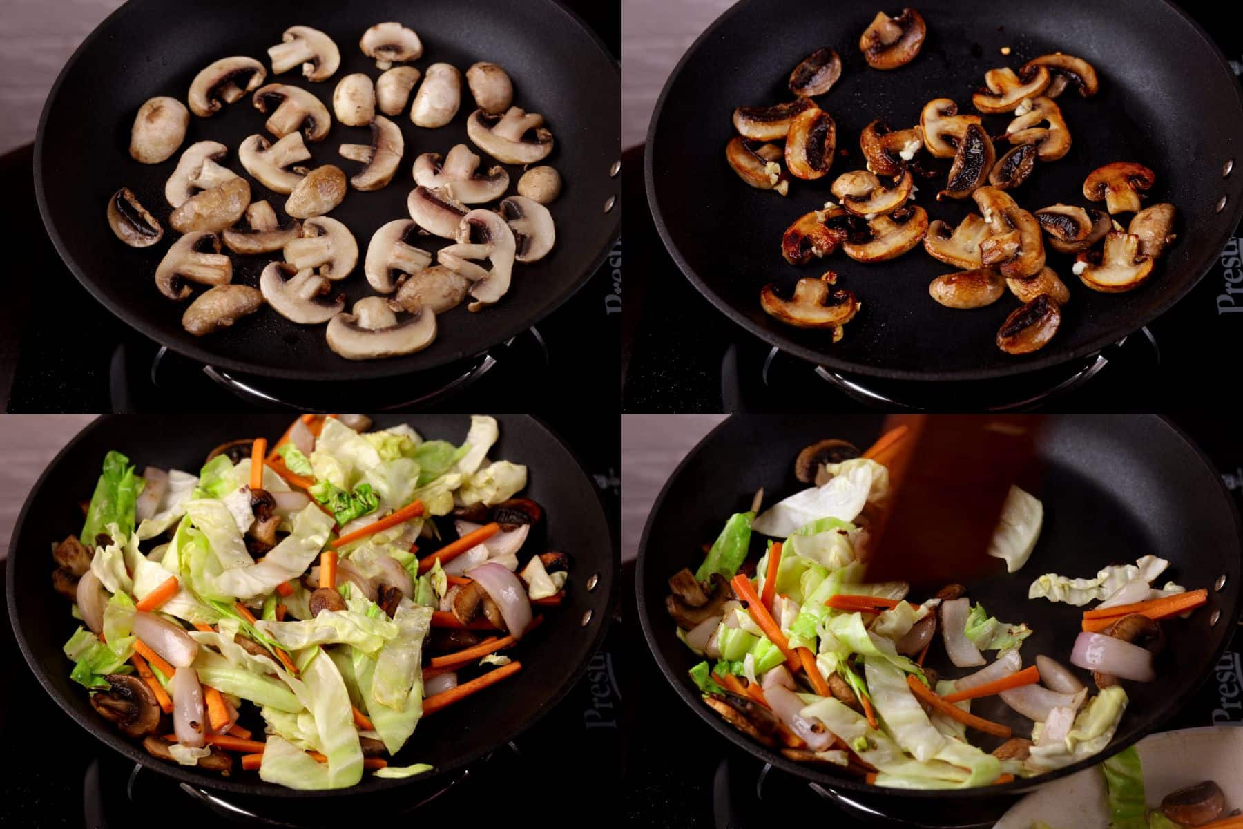 Vegetable chow mein steps showing mushrooms being cooked and veggies seared.