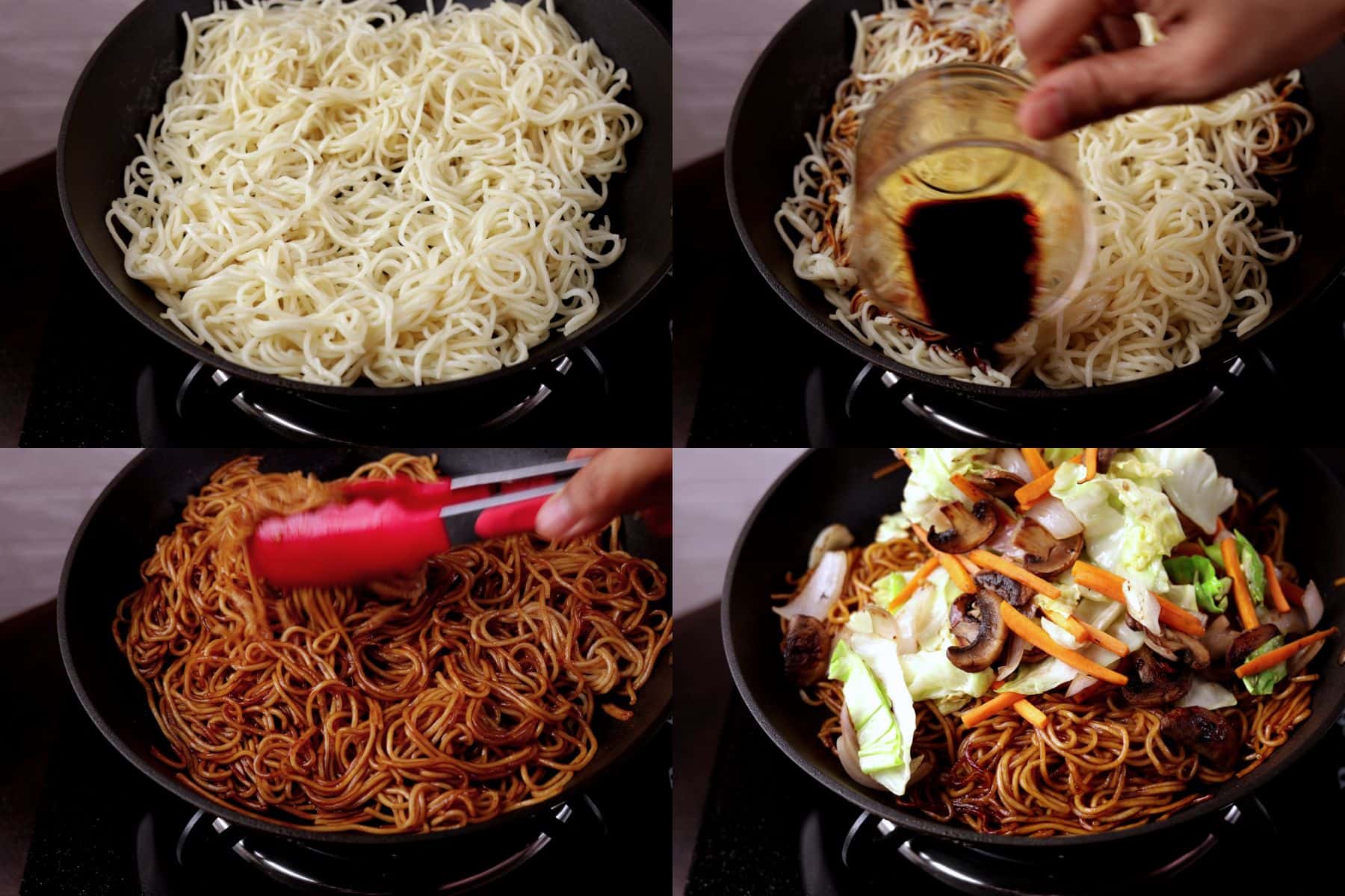 Vegetable chow mein steps showing pan-fried noodles, sauce added, and vegetables mixed in.
