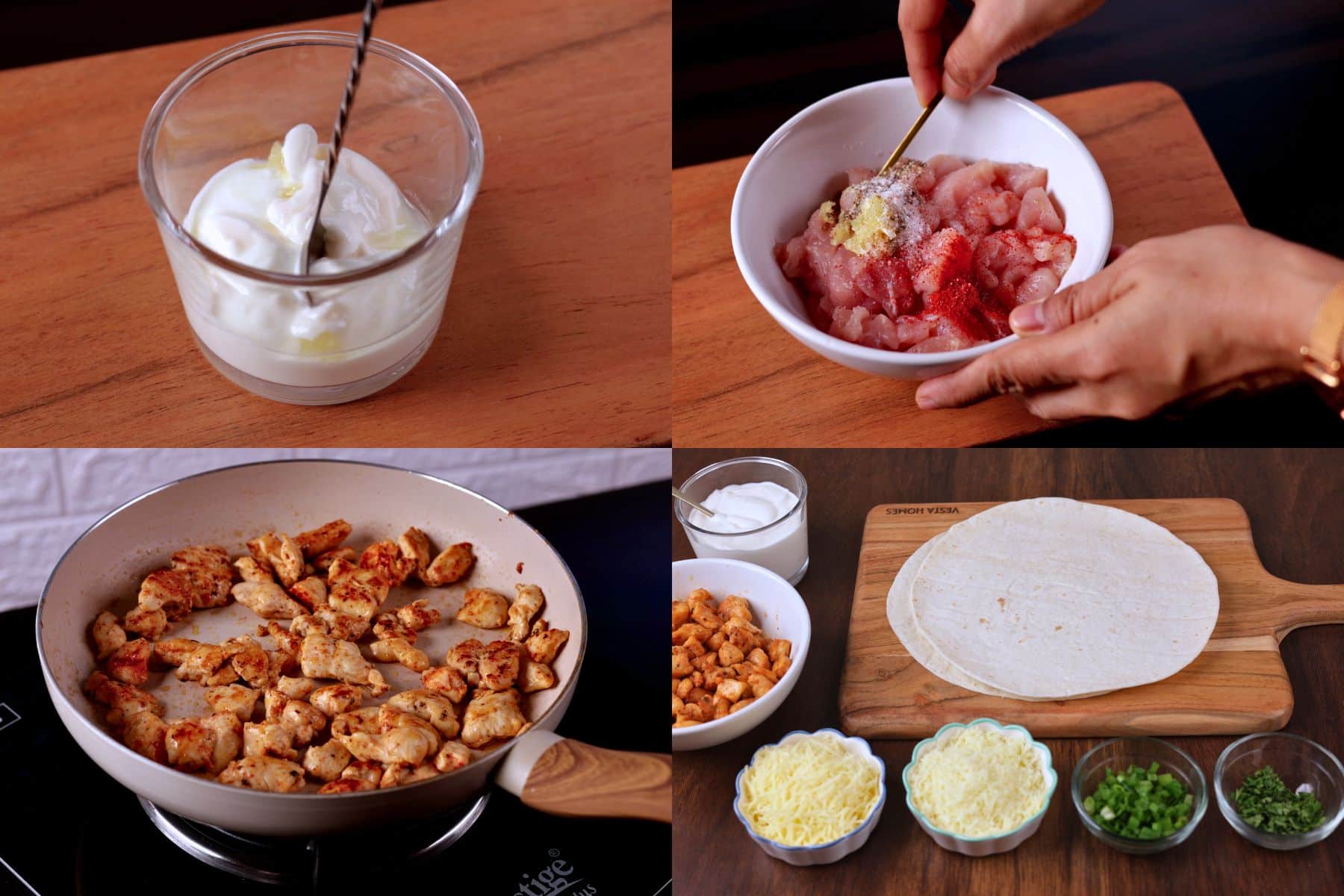 Four-image collage showing the steps: preparing the garlic sauce, seasoning the chicken, and cooking the chicken.