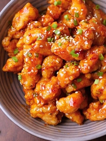 Crispy sweet chili chicken served in a bowl.