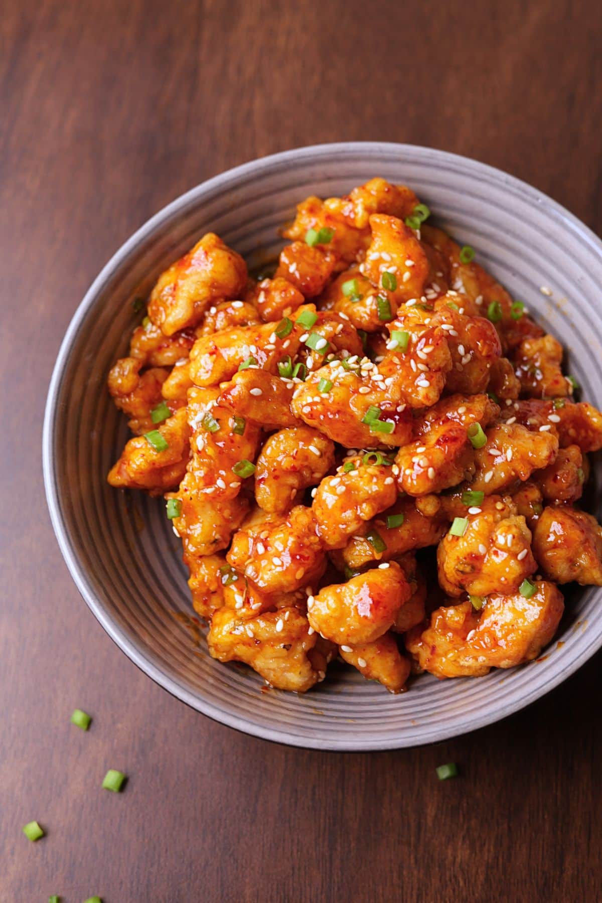 Sweet chili chicken served in a bowl.