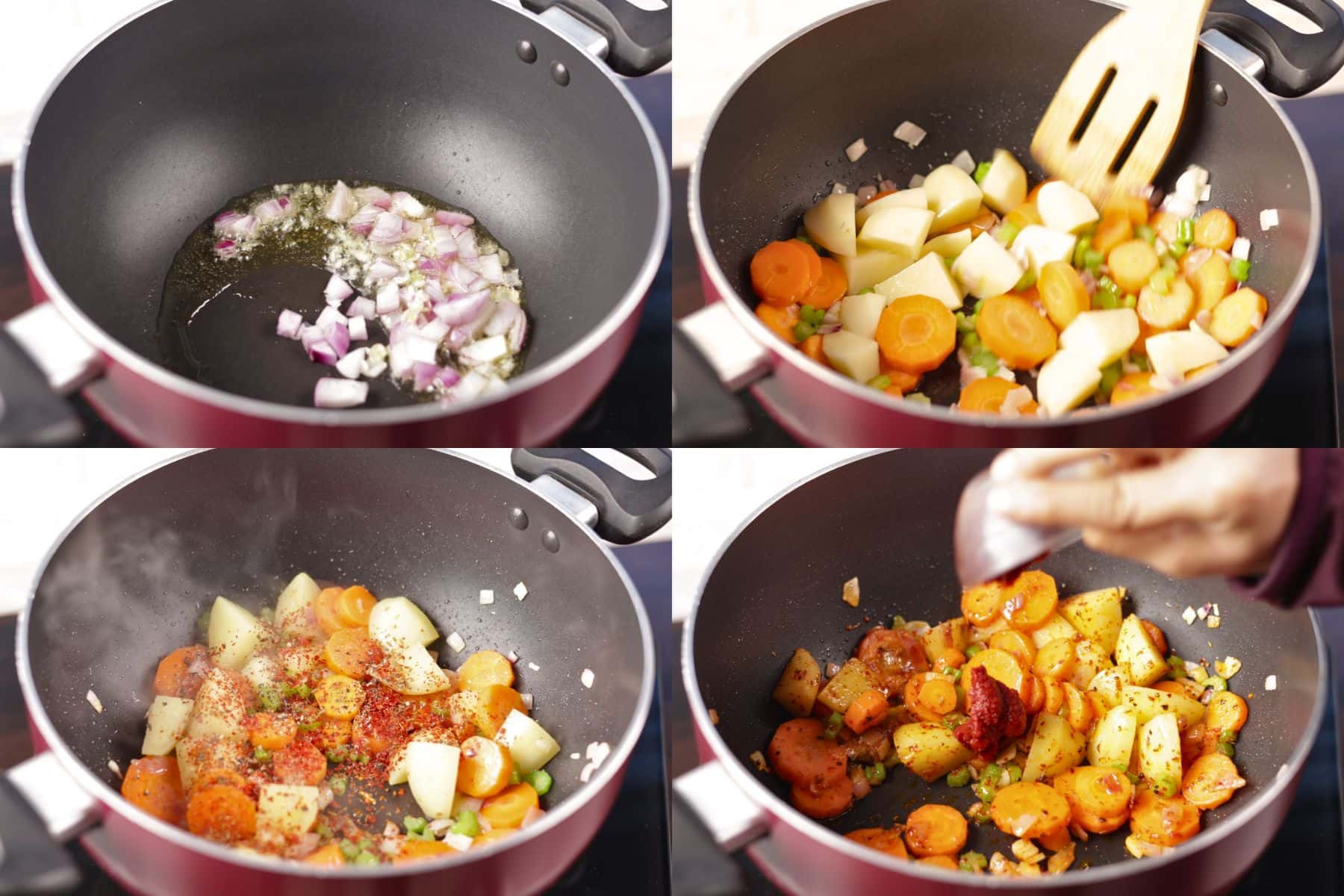 Step-by-step collage showing Red lentil soup preparation: sautéing aromatics, sautéing vegetables, adding spices, and stirring in tomato paste.