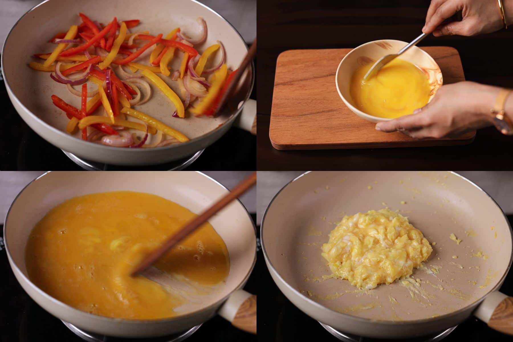 Pepper and Egg Sandwich step-by-step: sauté peppers and onions, beat eggs, cook eggs in nonstick pan.