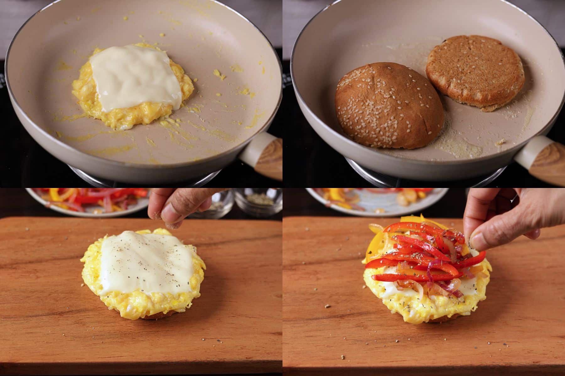 Pepper and Egg Sandwich step-by-step: adding cheese to cooked eggs, toasting the bun, and assembling the sandwich.