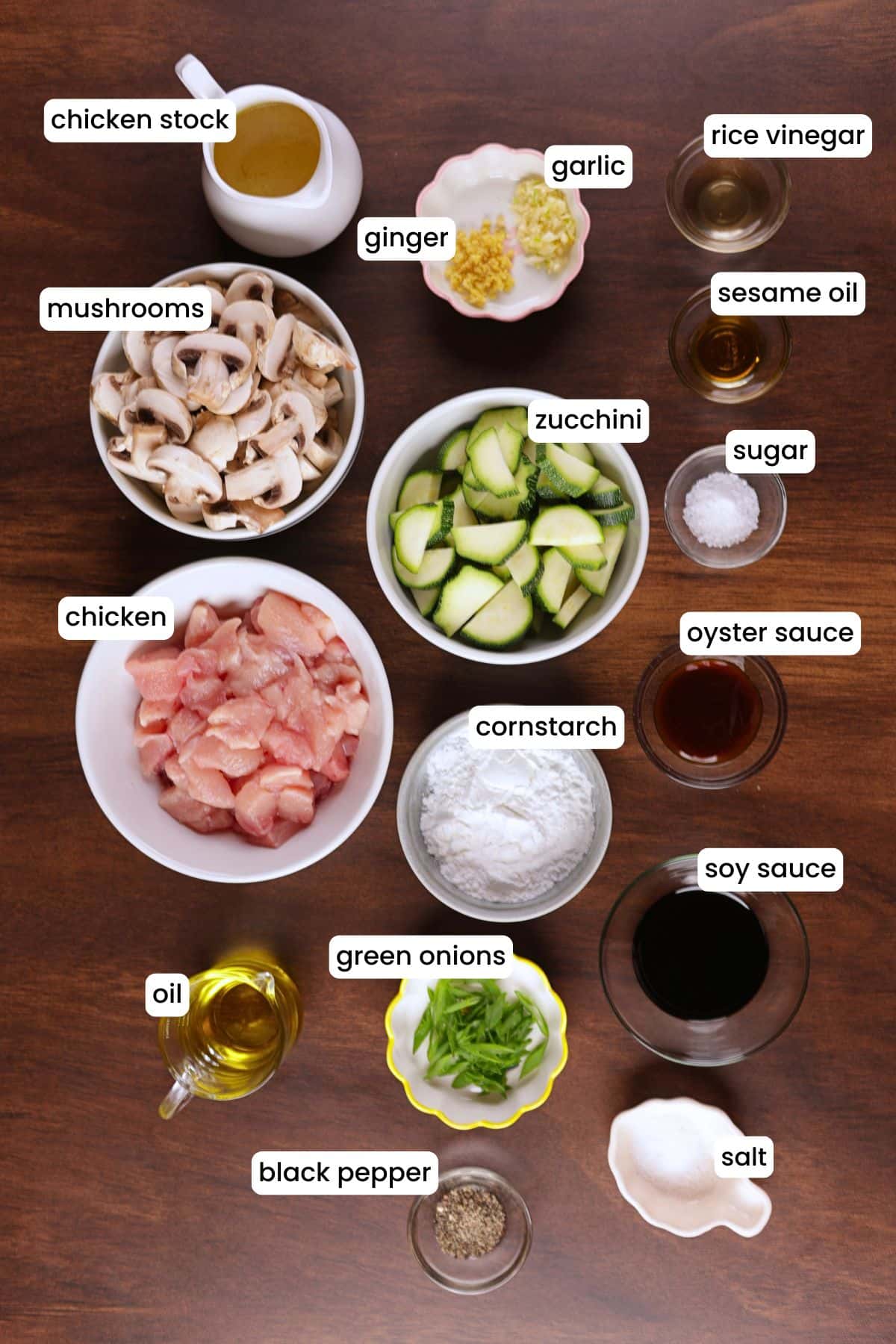 All key ingredients for Panda Express Mushroom Chicken Copycat laid out, including chicken, mushrooms, and vegetables.