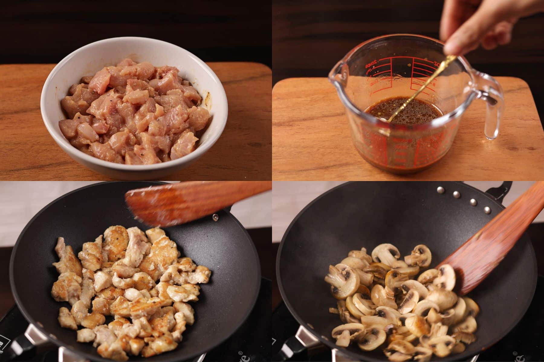 Step-by-step collage of Panda Express Mushroom Chicken Copycat showing marinating chicken, mixing sauce, cooking chicken, and cooking mushrooms.
