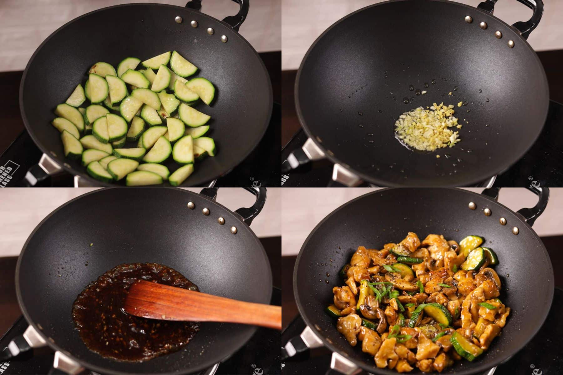 Step-by-step collage of Panda Express Mushroom Chicken Copycat showing cooking zucchini, building the sauce, combining everything, and finishing to serve.