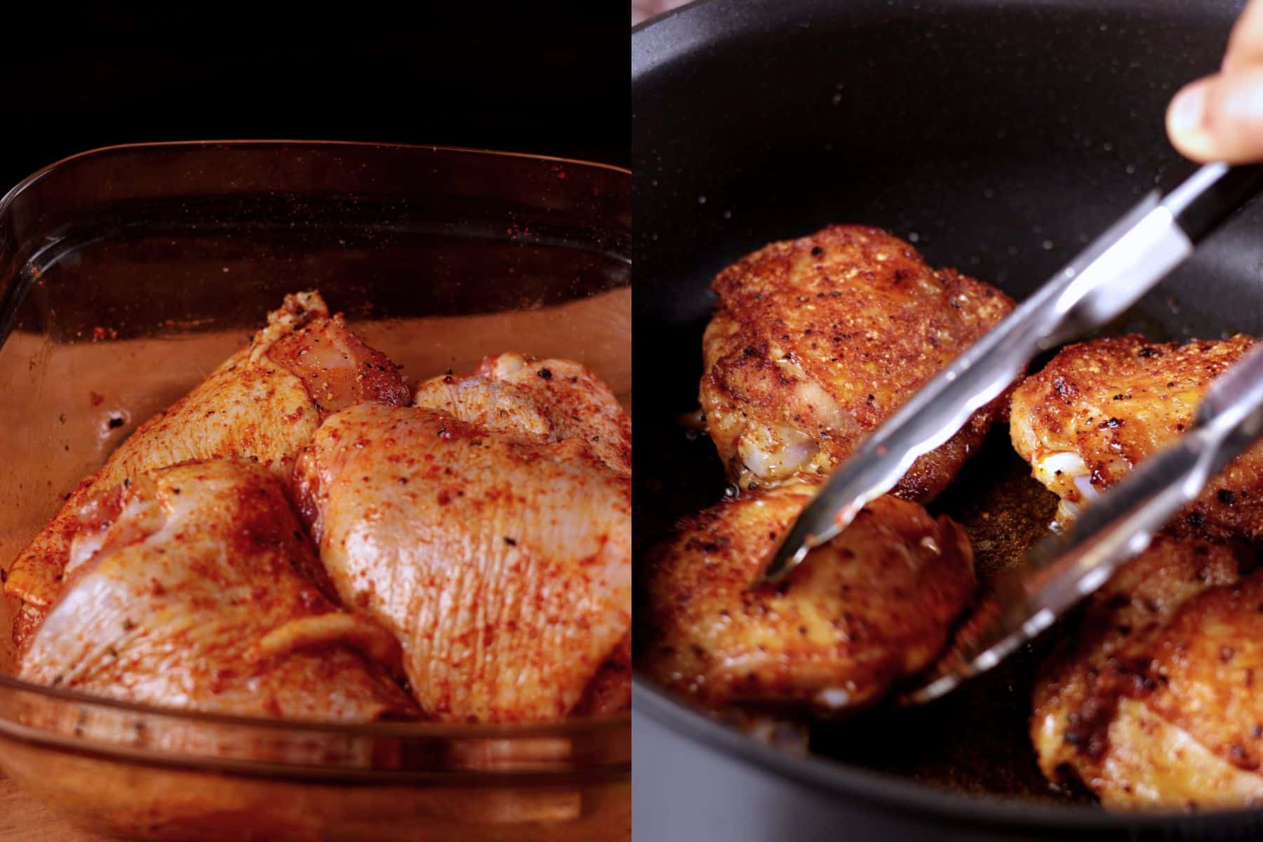 Seasoning chicken thighs with spices and searing them in a pan for chicken and yellow rice.