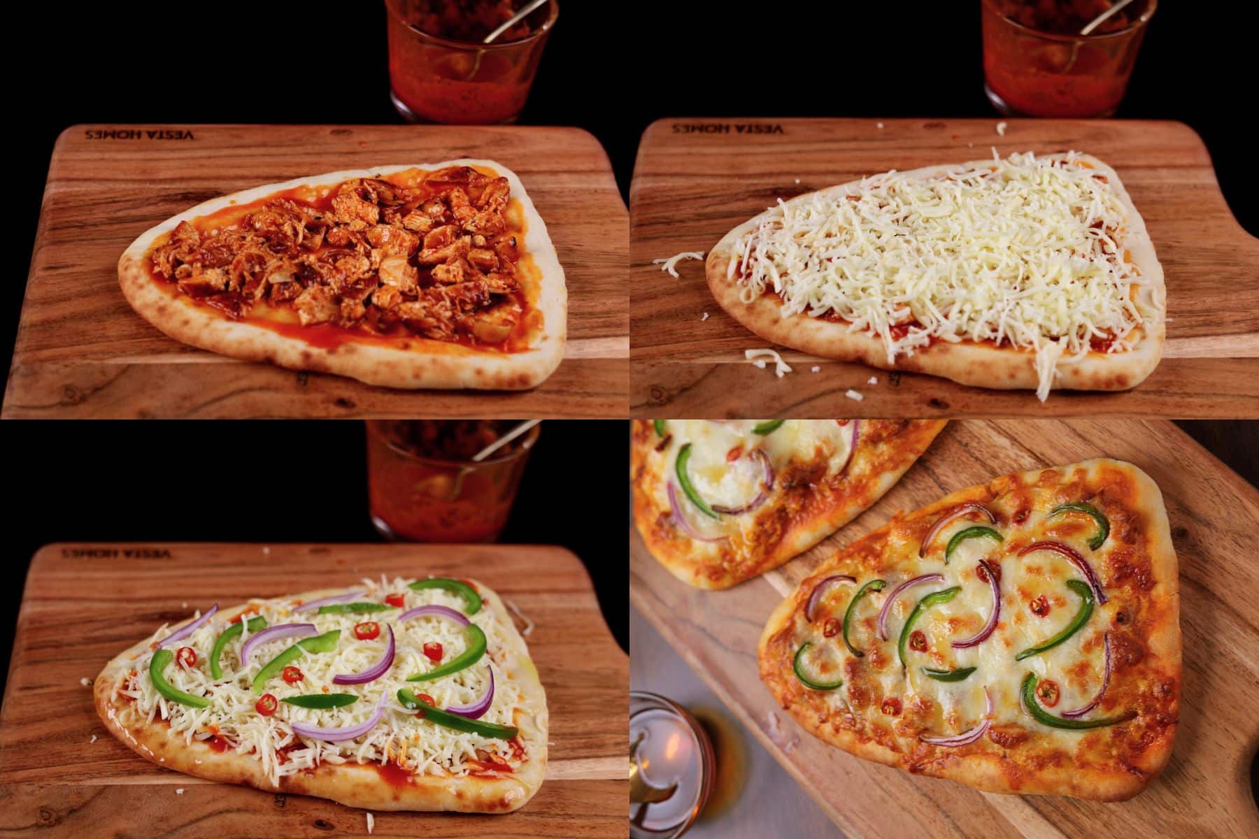 Buffalo chicken flatbread pizza assembled with toppings and baked.