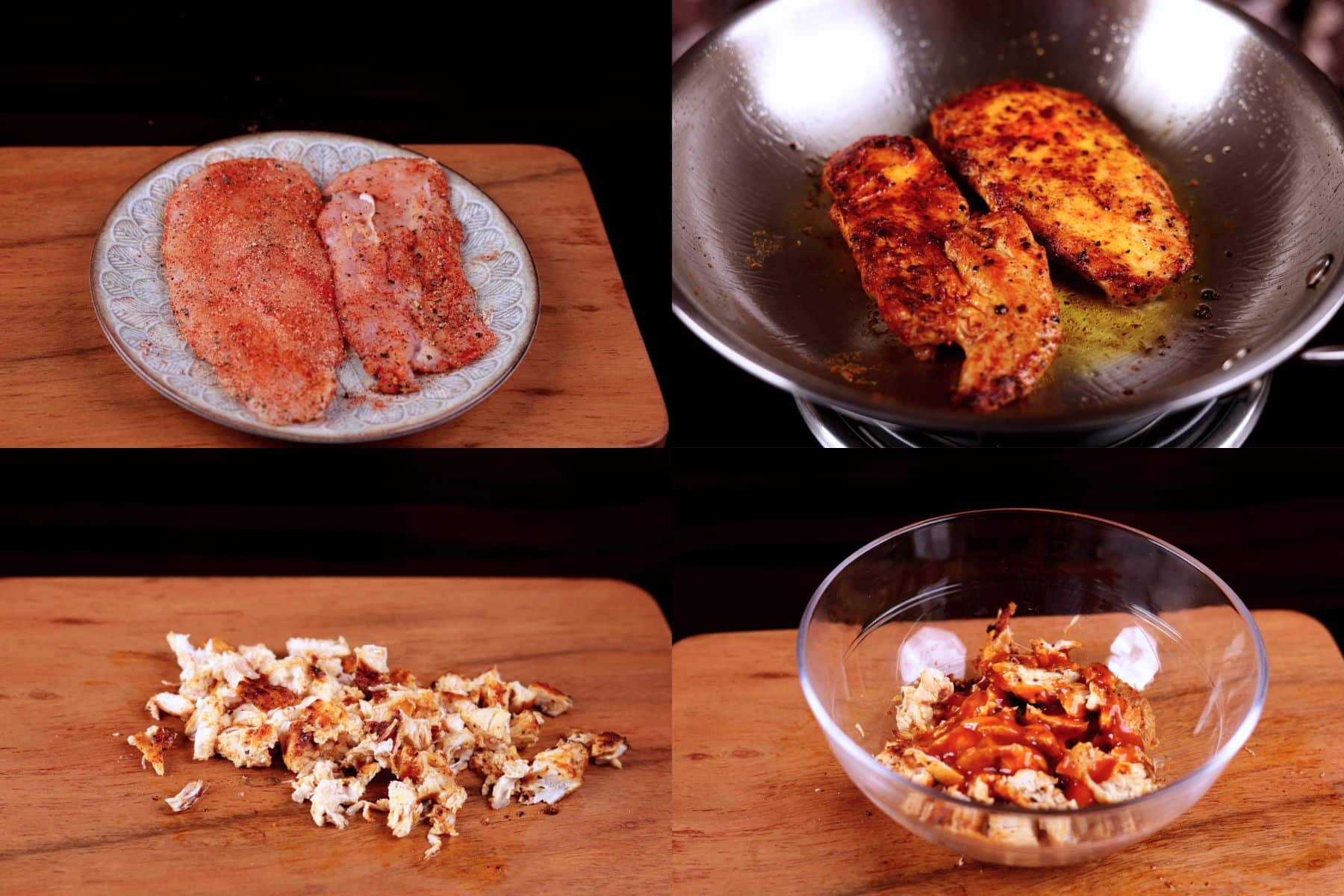 Seasoned chicken cooking in pan and tossed in buffalo sauce.