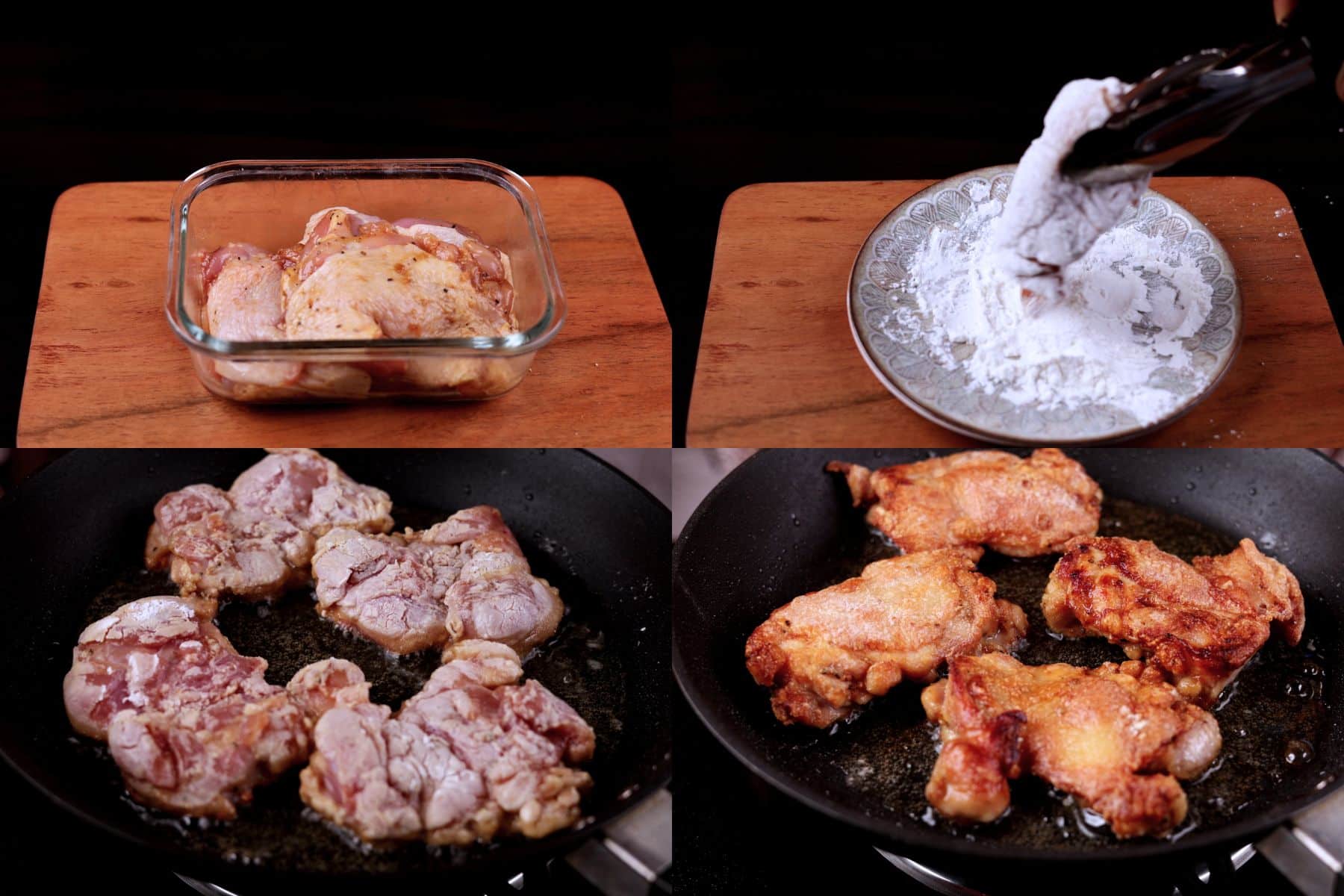 Step-by-step: marinating chicken thighs, coating them in cornstarch, and pan-frying until golden and crispy.