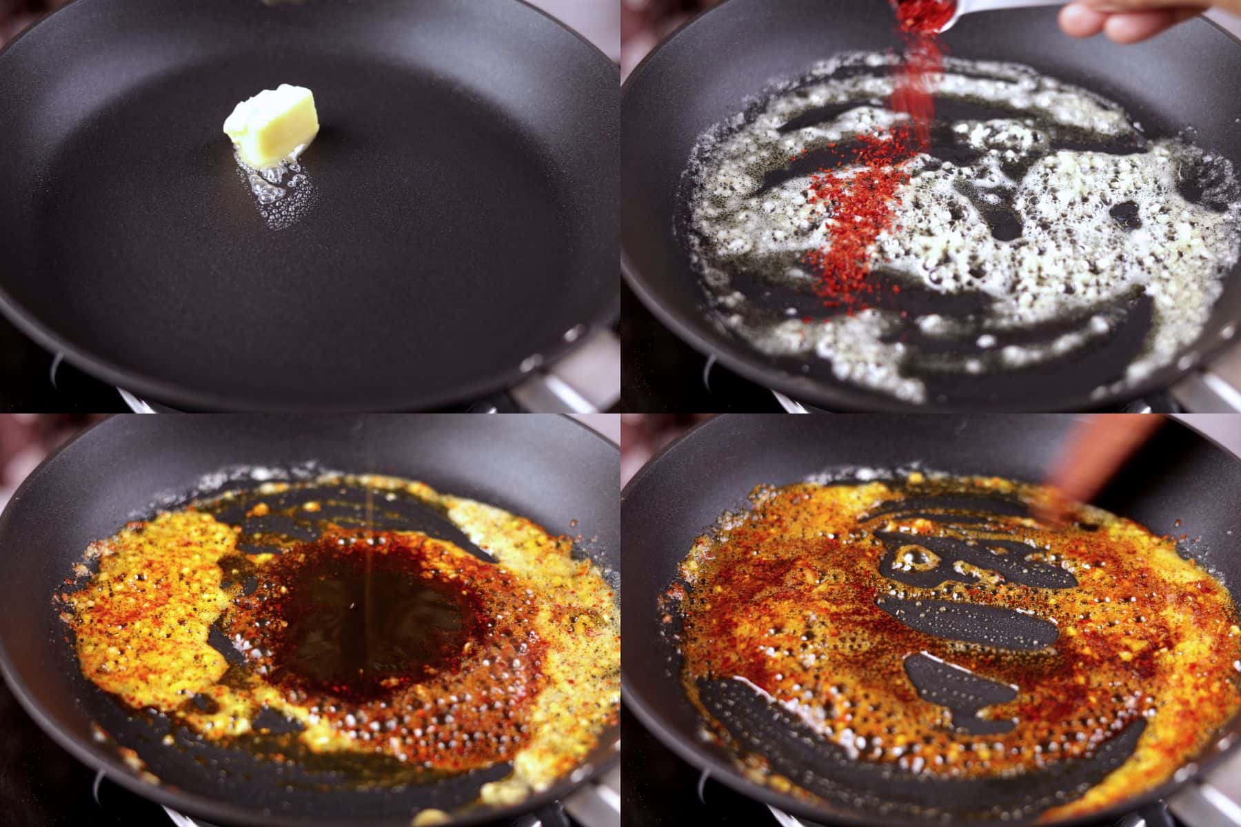 Step-by-step: melting butter, cooking garlic and chili flakes, then adding honey, soy sauce, and rice vinegar to simmer until slightly thickened.