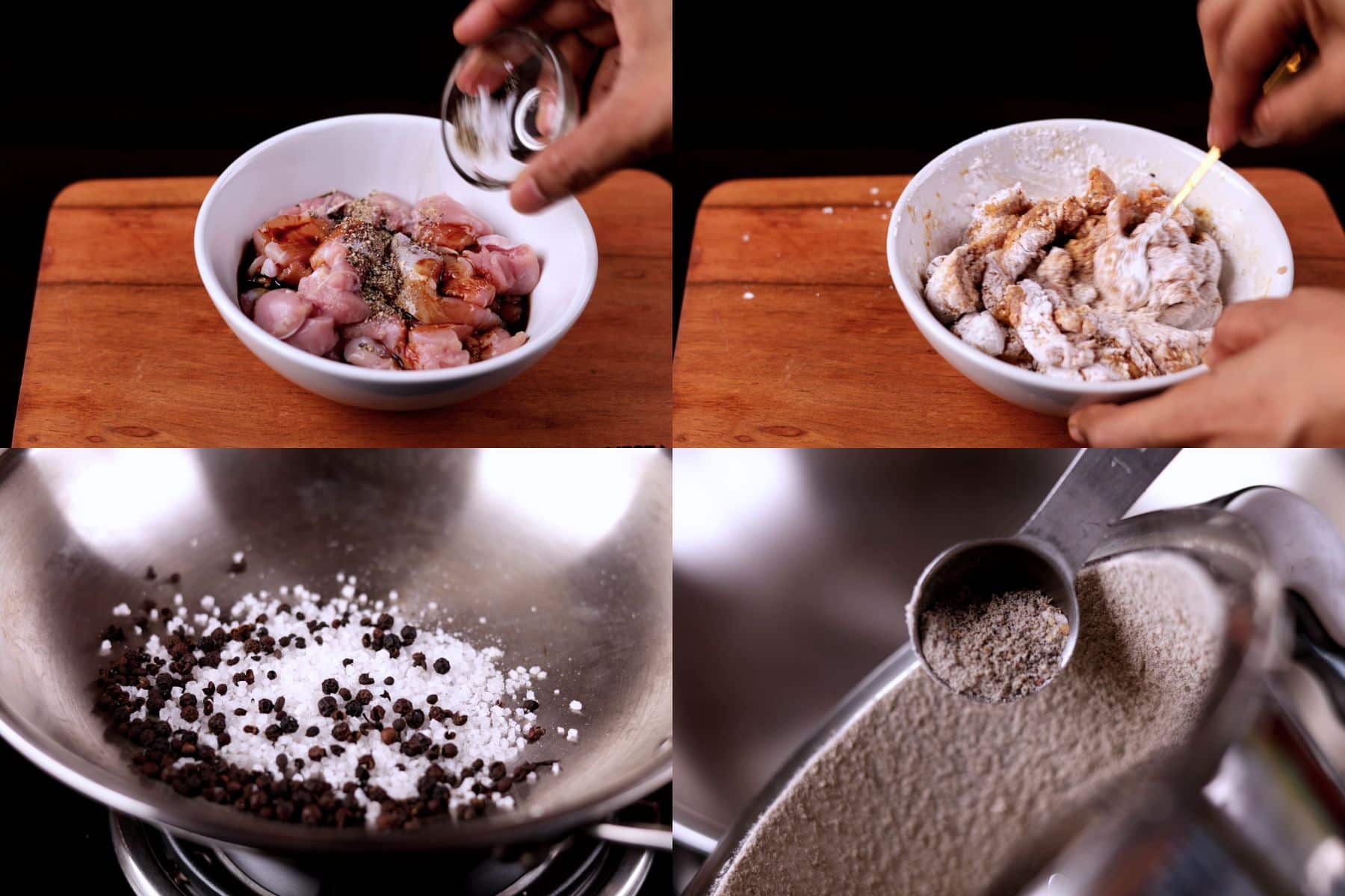 Step-by-step collage showing salt and pepper chicken preparation including marinating chicken, coating with cornstarch, toasting pepper and salt mixture, and grinding the seasoning.