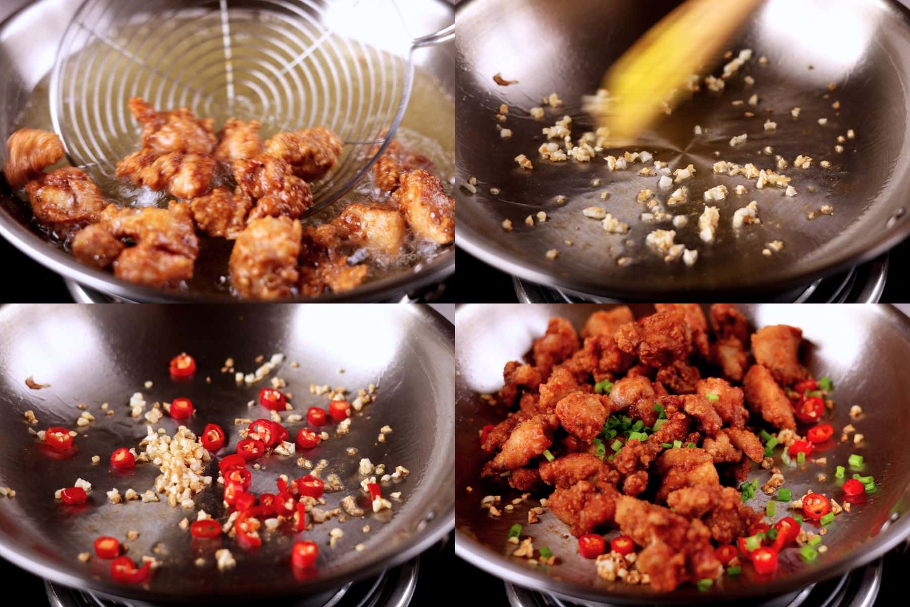 Salt and pepper chicken step-by-step collage showing frying chicken, sautéing garlic and chilies, and tossing the chicken with seasoning.
