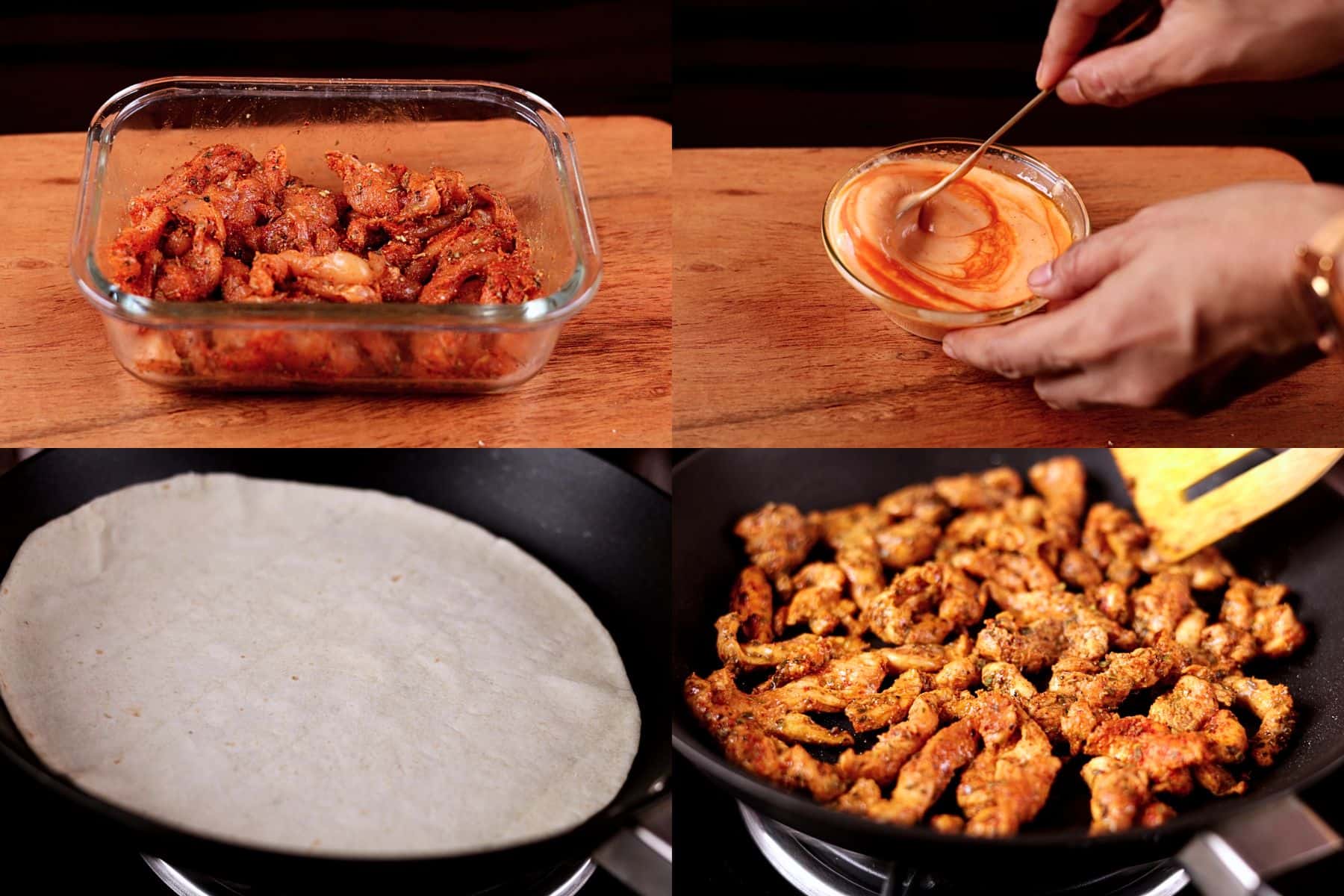 Step-by-step collage showing marinating chicken, mixing the creamy sauce, warming tortillas in a dry pan, and searing the chicken.